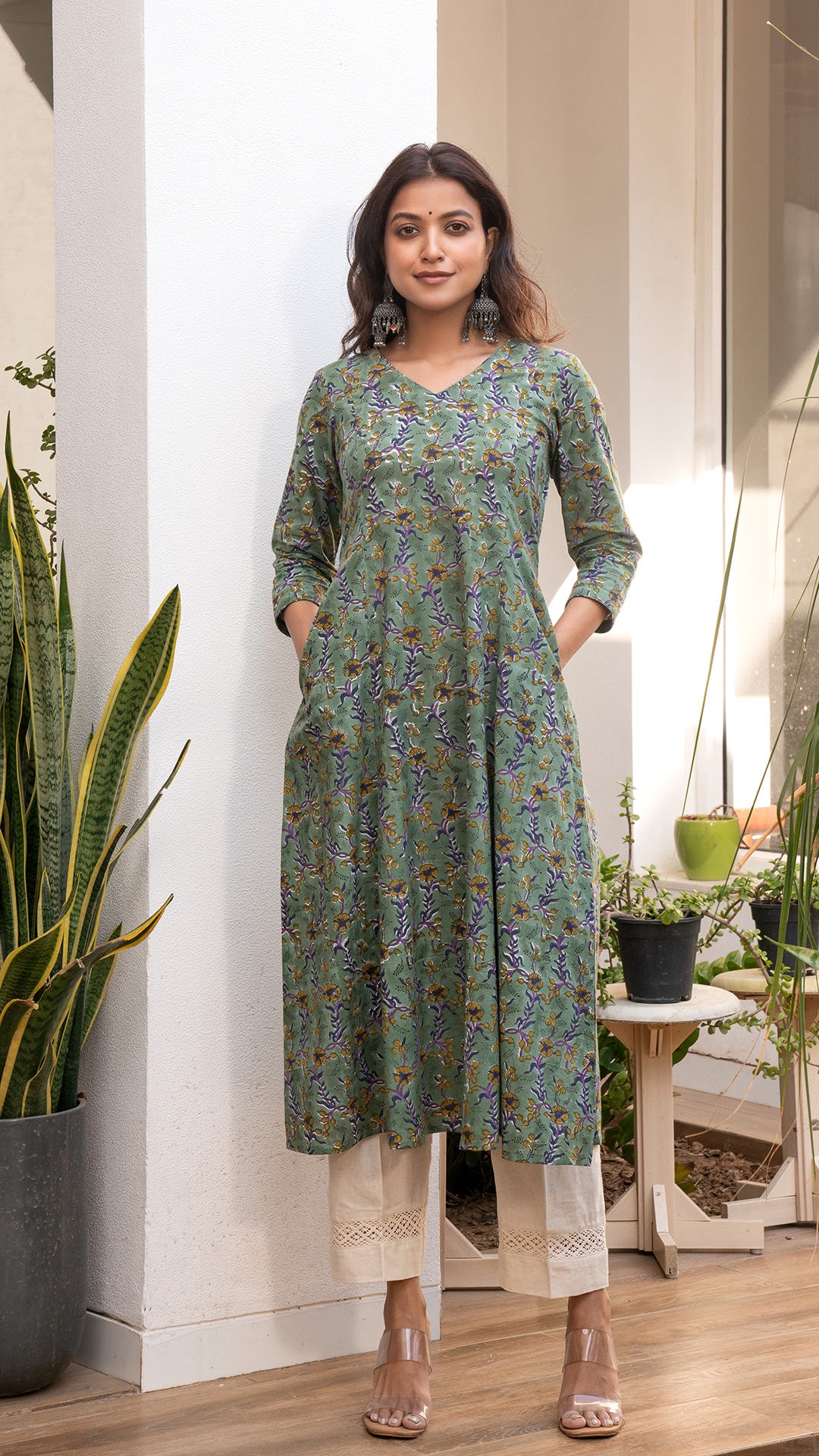 Ruha Sanganeri Hand Block Kali Cotton Kurta - Olive