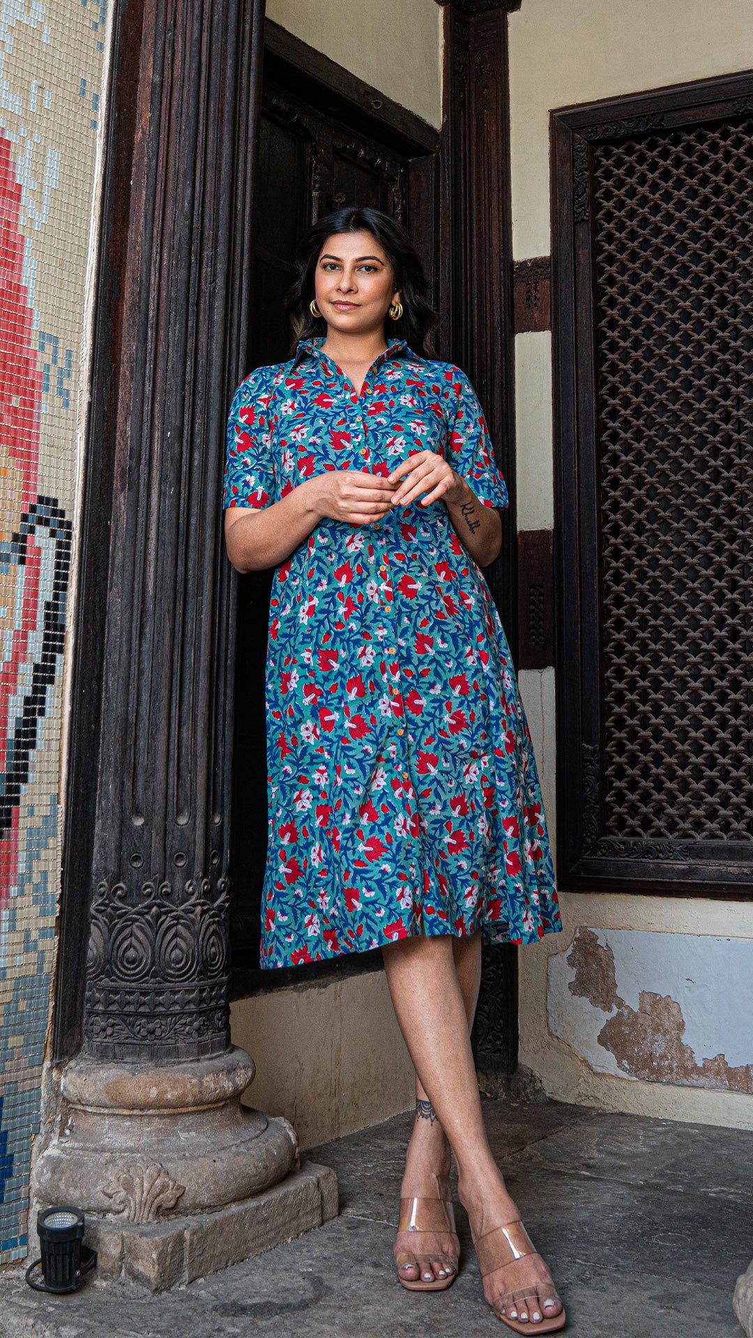 Suhani Sanganeri Hand Block Cotton Shirt Dress - Blue/Red