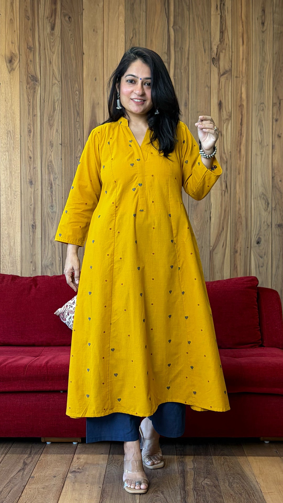 Sehr Hand Woven Kali Kurta In Cotton - Yellow