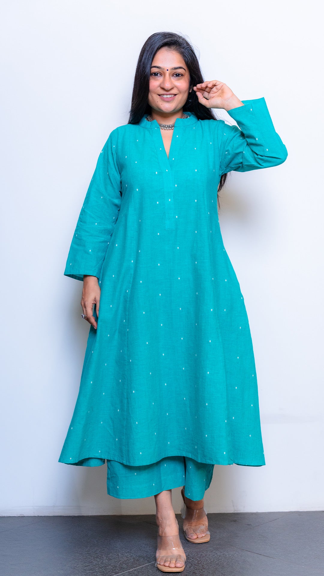 Freya Hand Woven Kali Cotton Kurta - Green