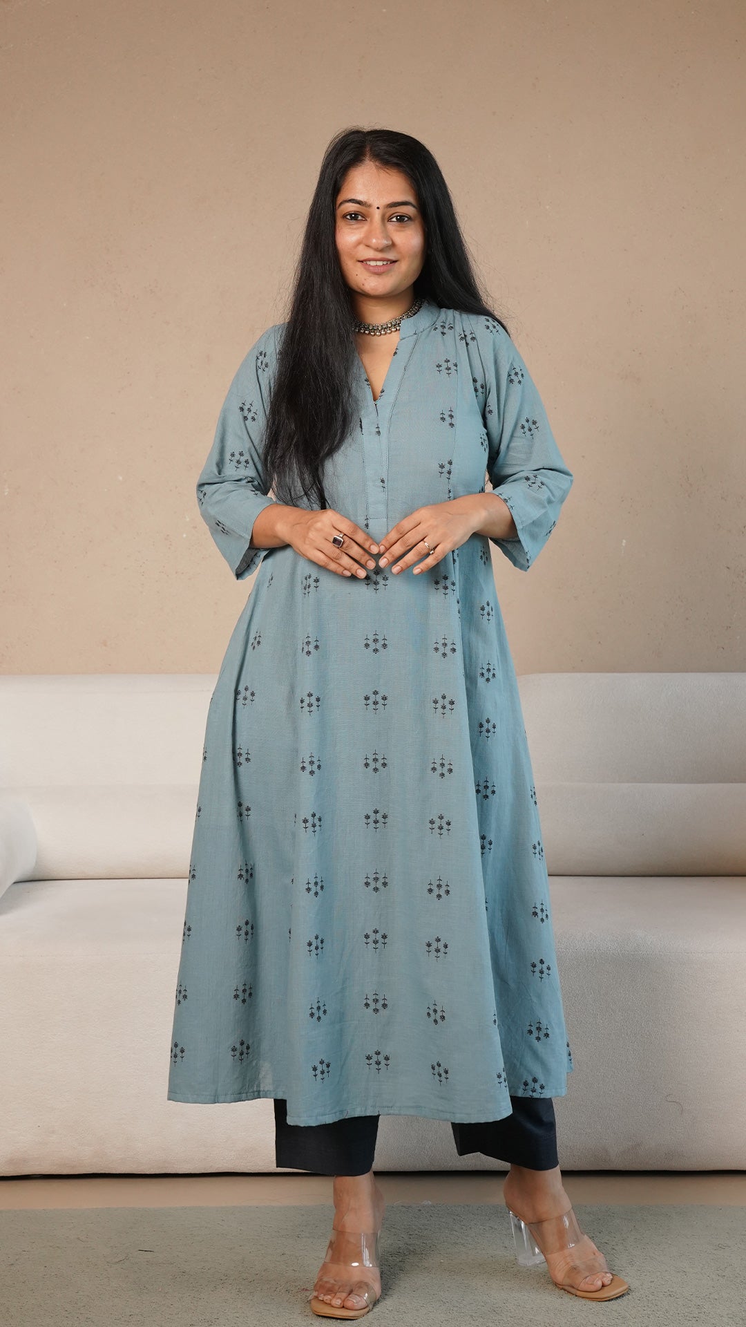 Yesha Hand Woven Kali Cotton Kurta - Ice Blue