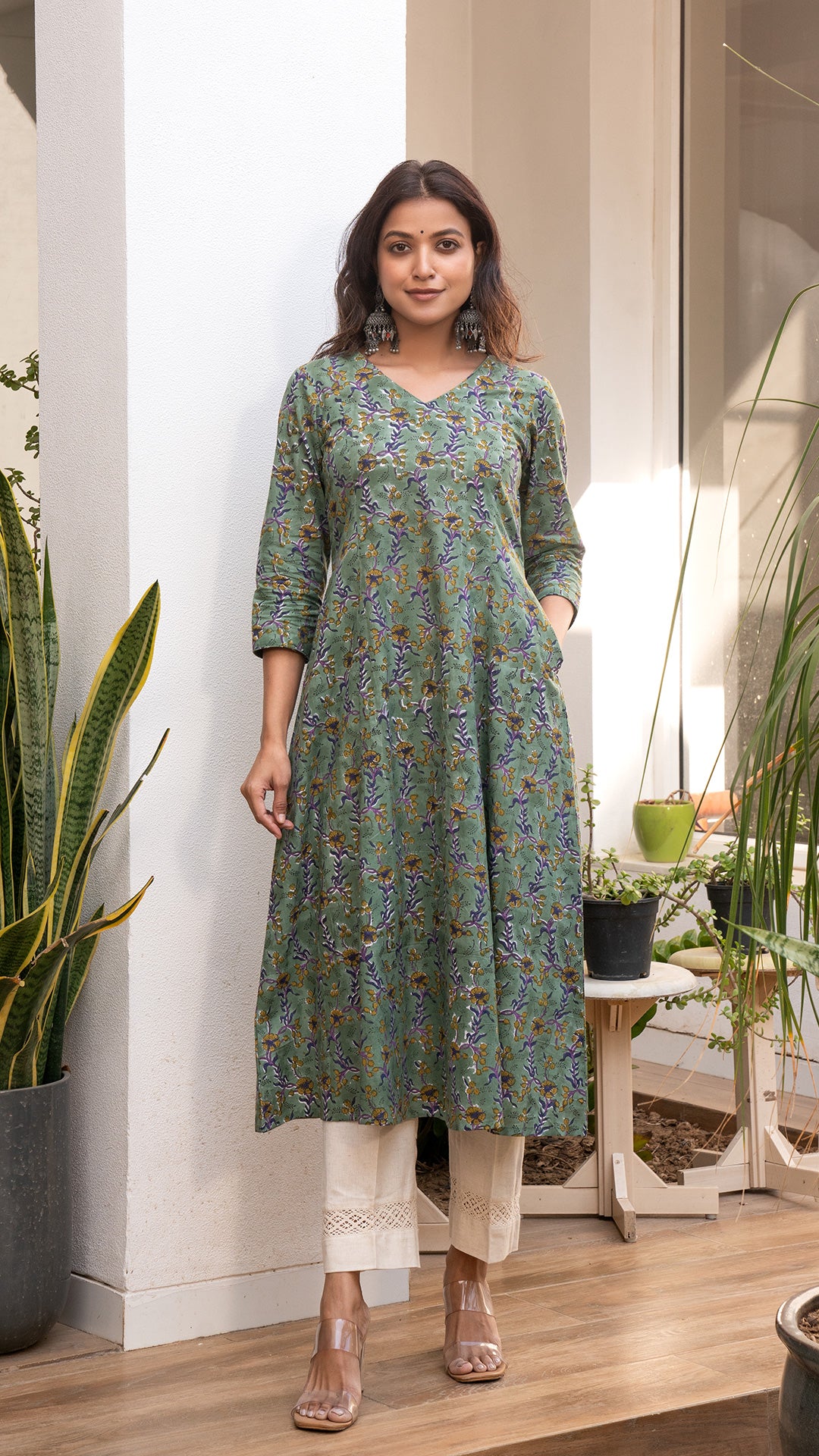 Ruha Sanganeri Hand Block Kali Cotton Kurta - Olive