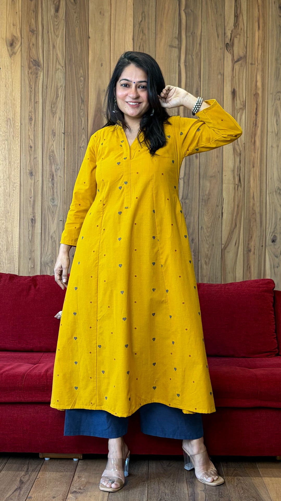 Sehr Hand Woven Kali Kurta In Cotton - Yellow
