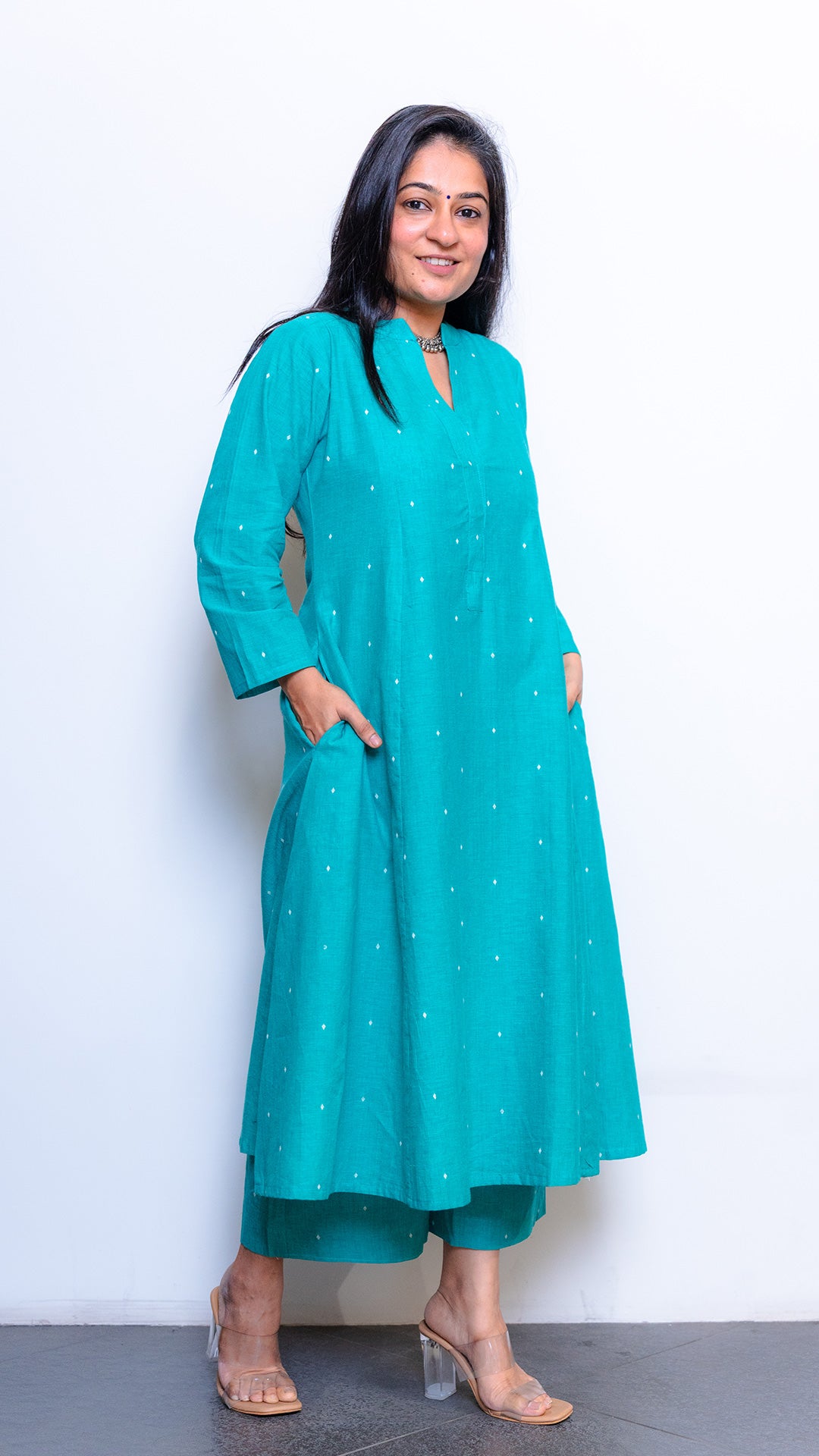 Freya Hand Woven Kali Cotton Kurta - Green