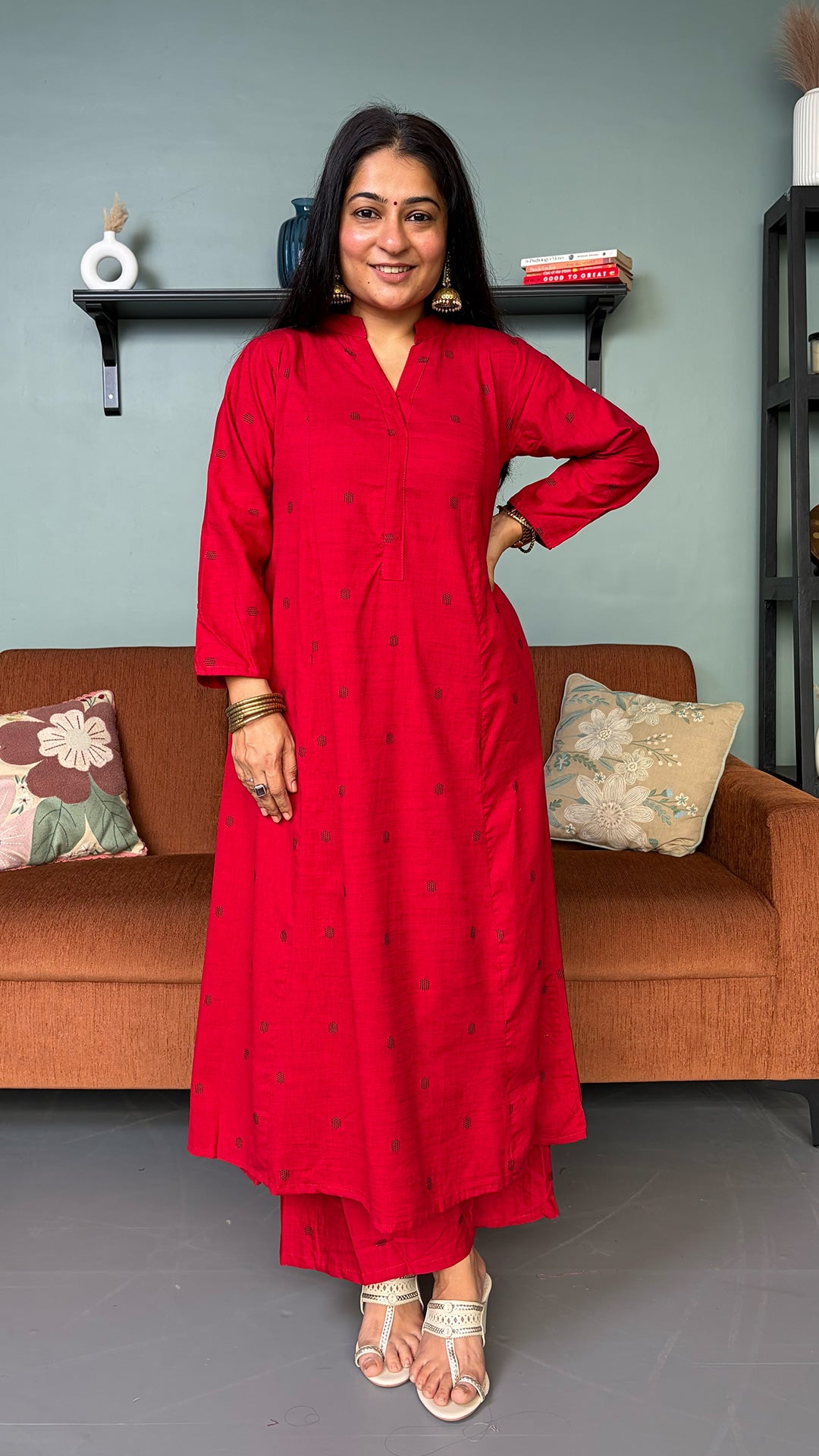Simran Red Hand Woven Kali Cotton Kurta