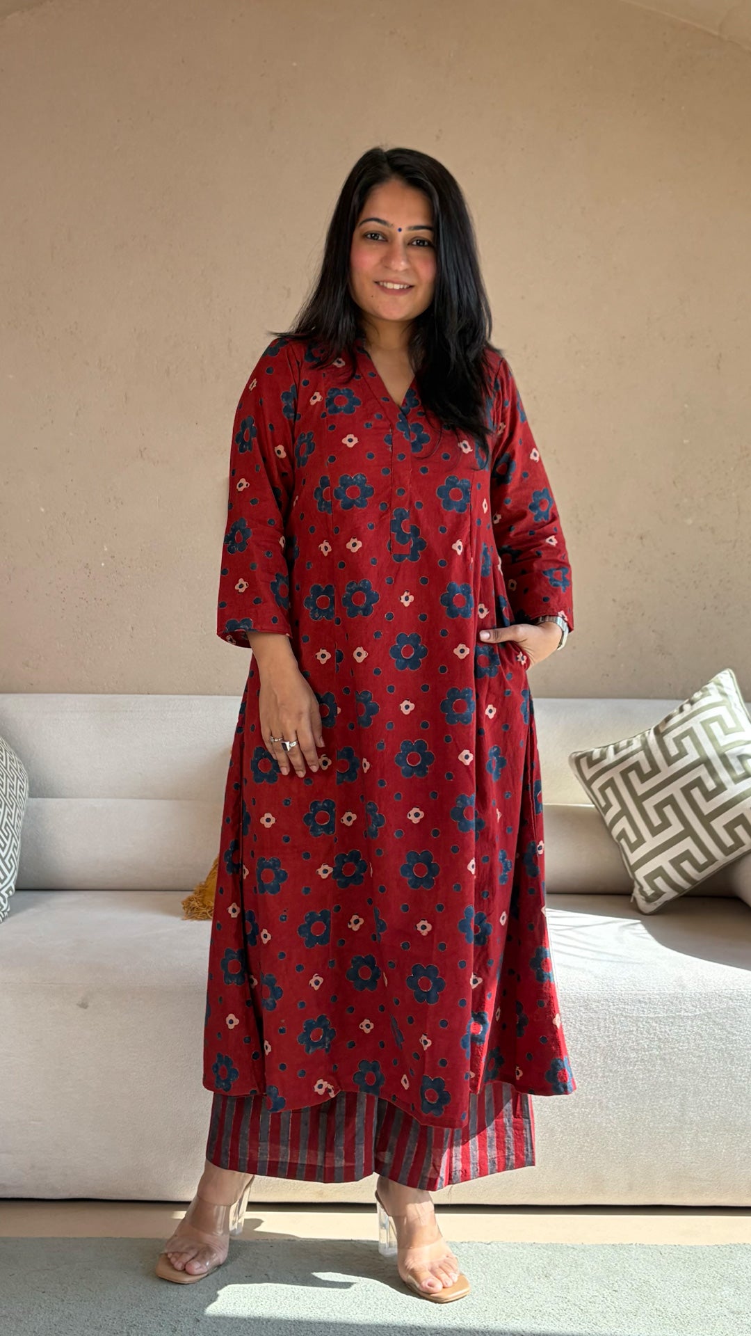 Aarna Ajrakh Kali Kurta In Cotton - Red Floral