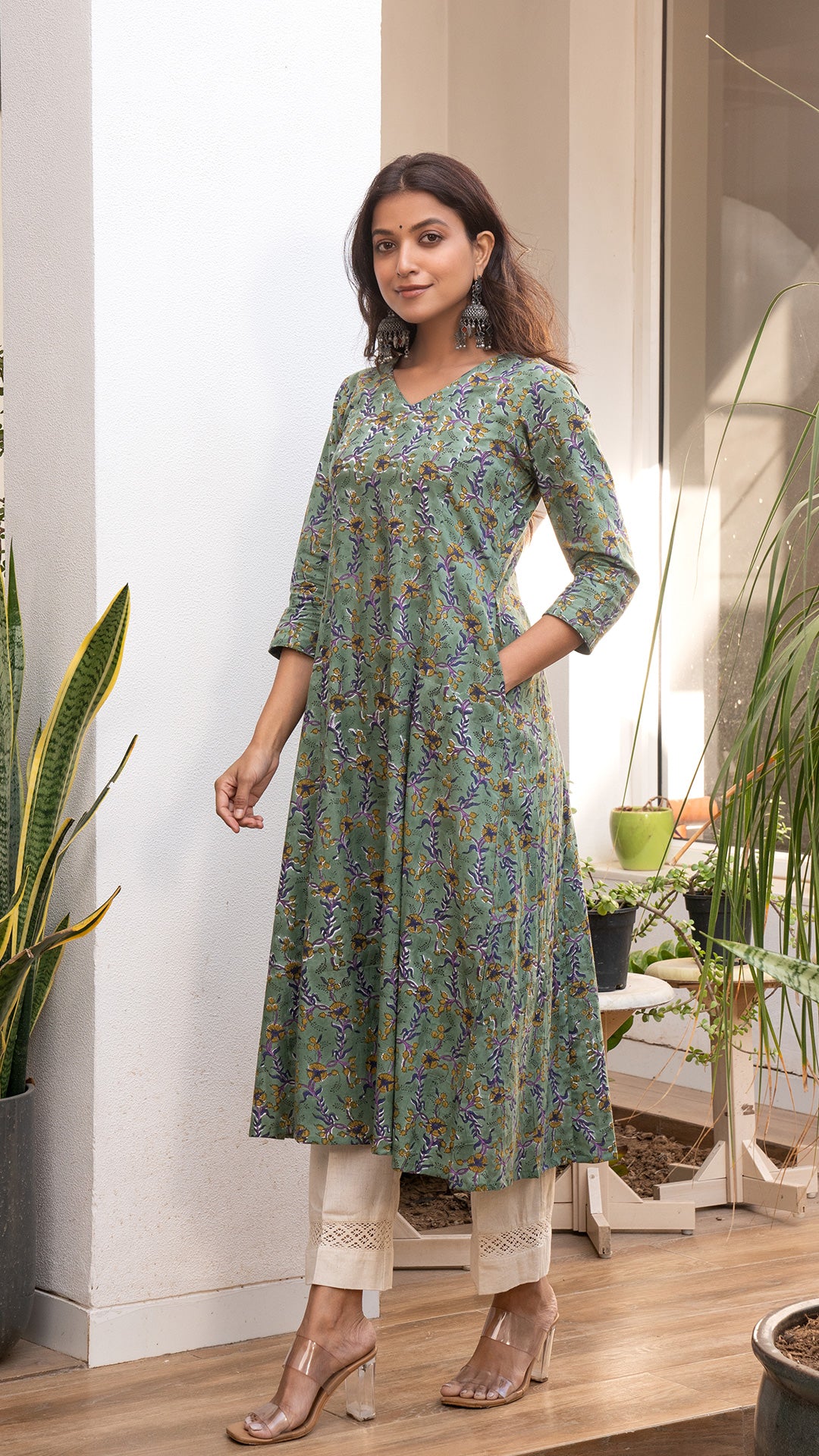 Ruha Sanganeri Hand Block Kali Cotton Kurta - Olive