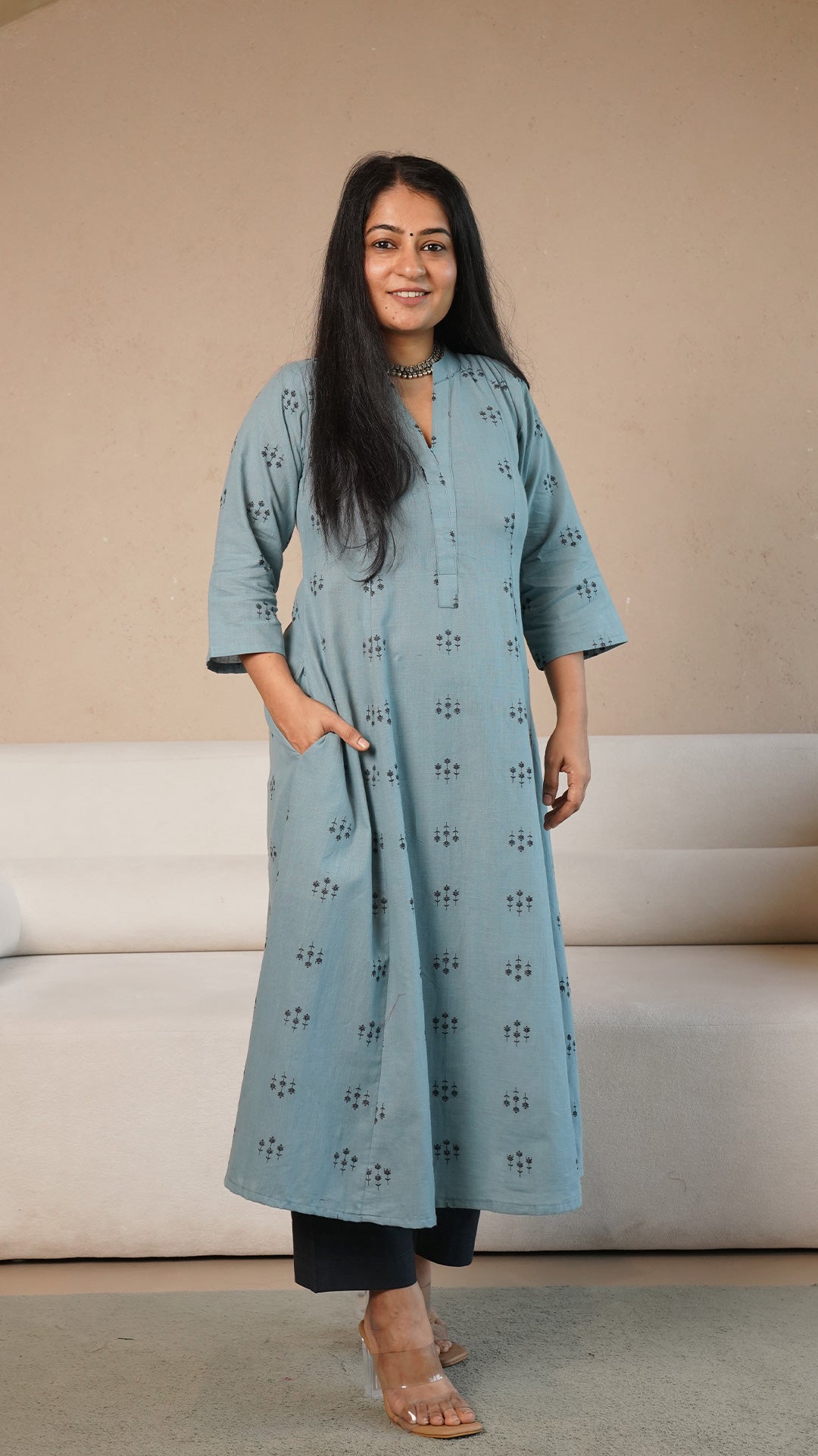 Yesha Hand Woven Kali Cotton Kurta - Ice Blue