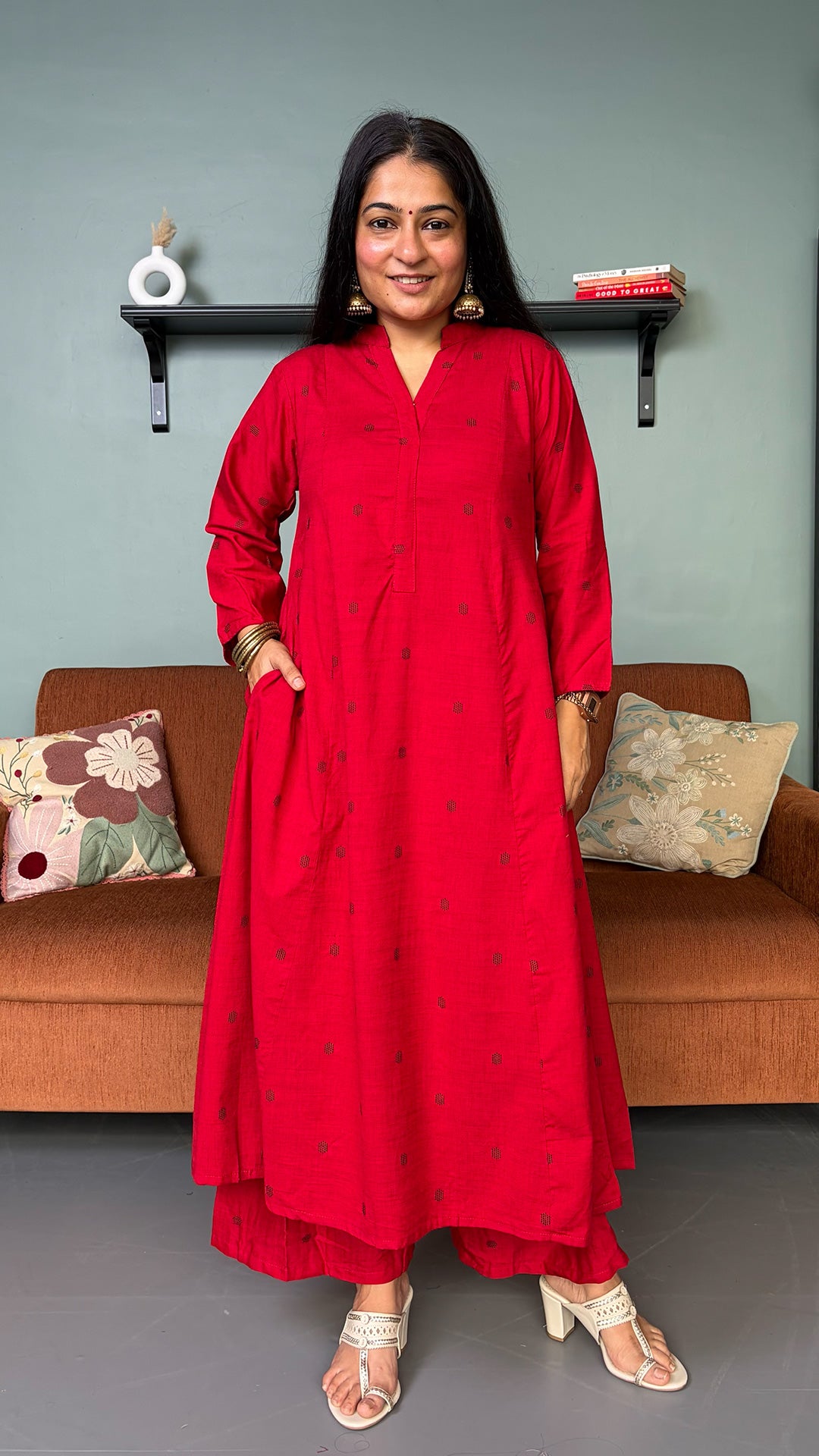Simran Red Hand Woven Kali Cotton Kurta