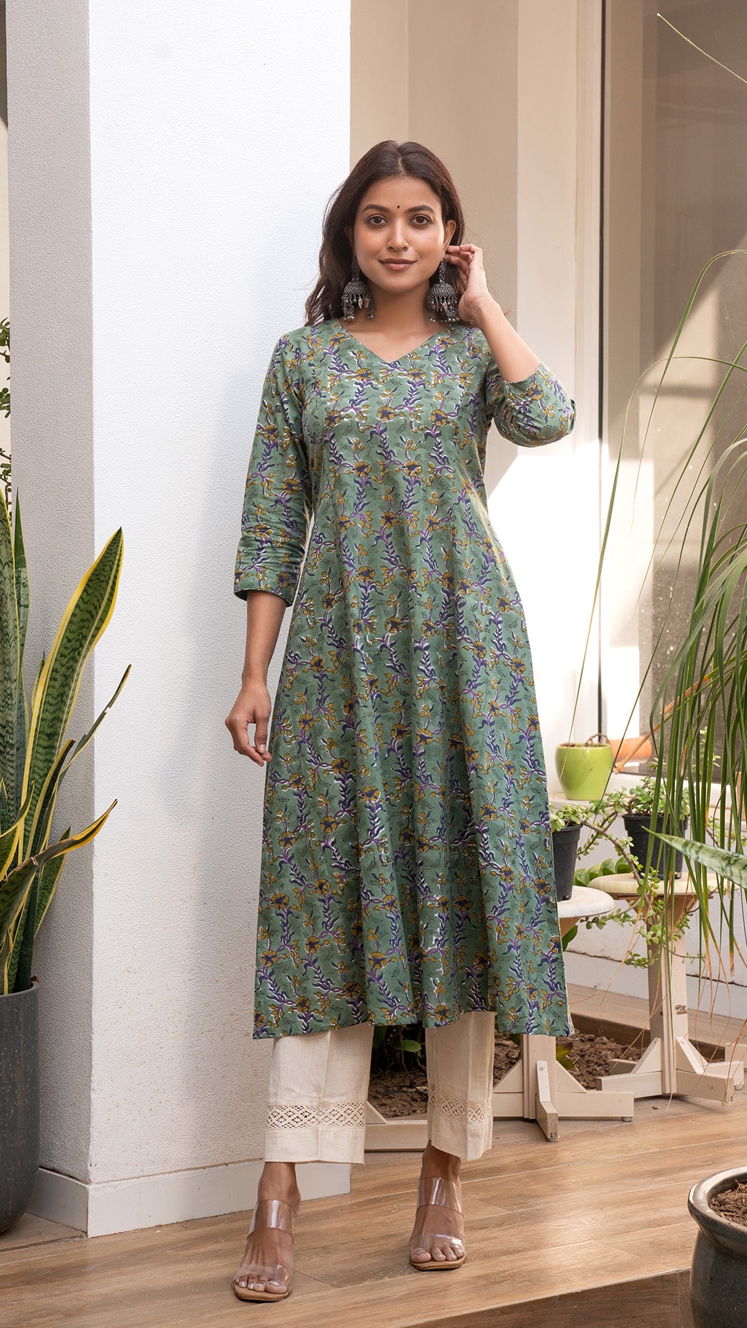 Ruha Sanganeri Hand Block Kali Cotton Kurta - Olive