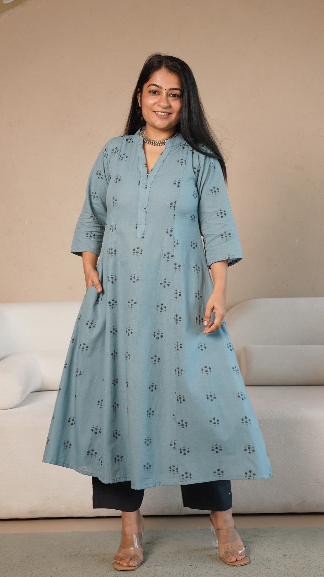 Yesha Hand Woven Kali Cotton Kurta - Ice Blue