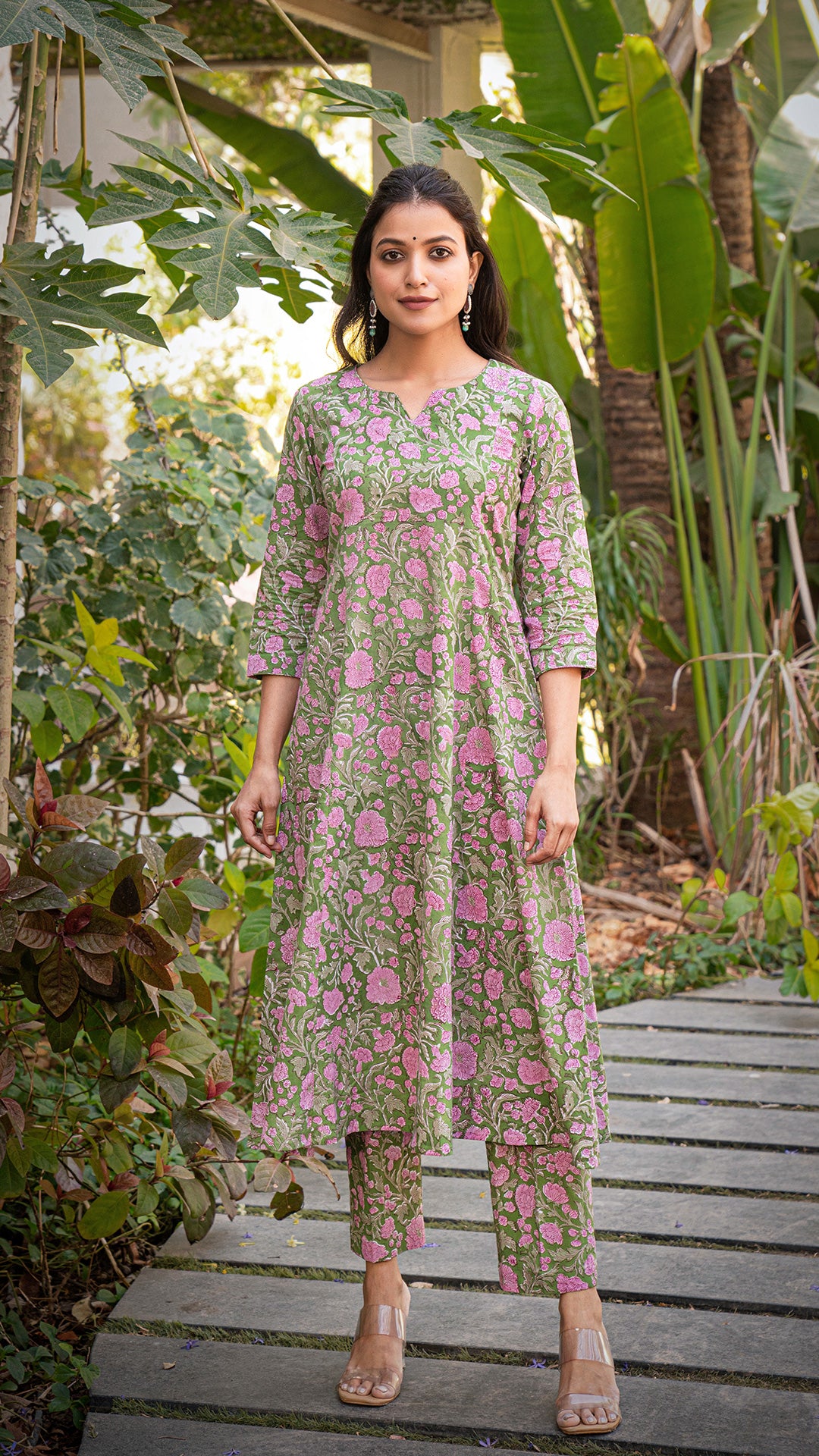 Shanaya Sanganeri Hand Block Kali Cotton Kurta - Green