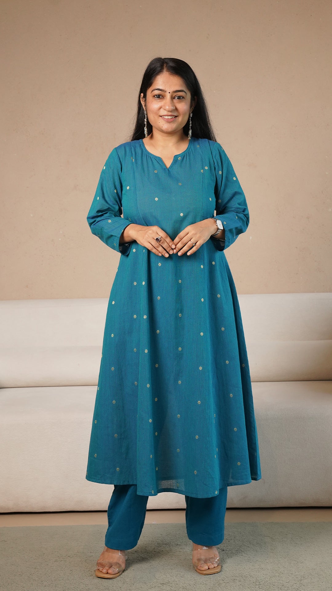 Keya Hand Woven Golden Zari Motif Kali Cotton Kurta - Blue
