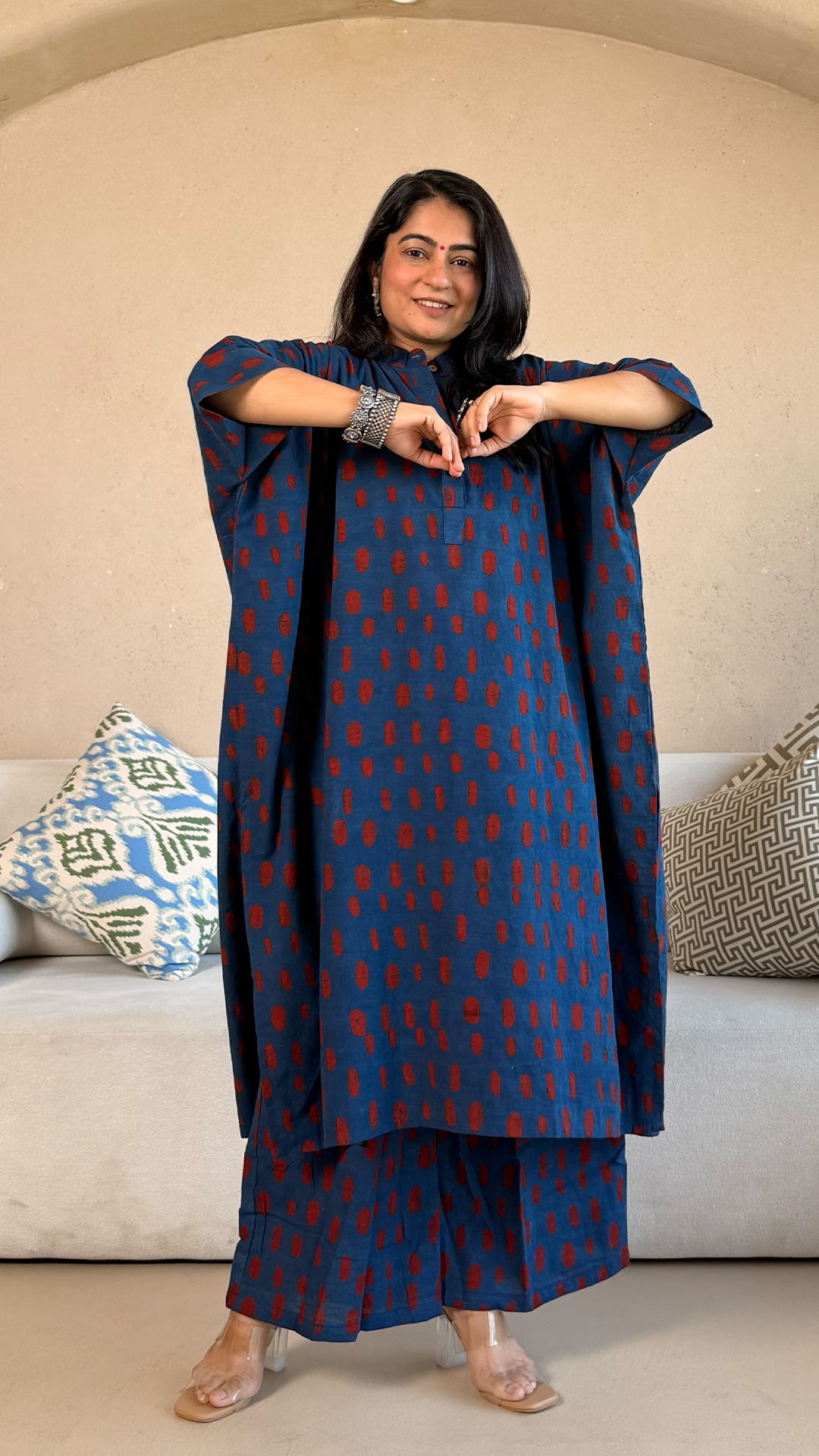 Kanan Ajrakh Cotton Kaftan Co-ord - Indigo/Red