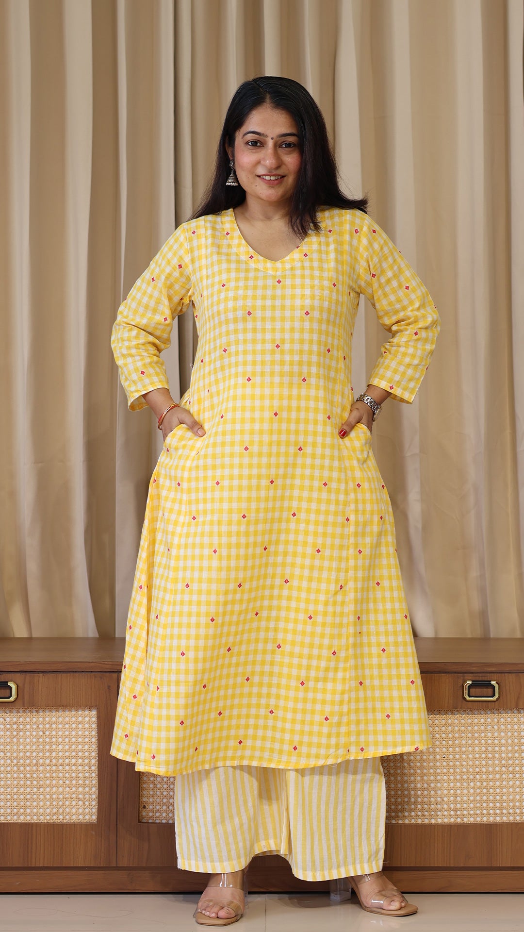 Checks and Stripes Handwoven Cotton Kurta - Yellow