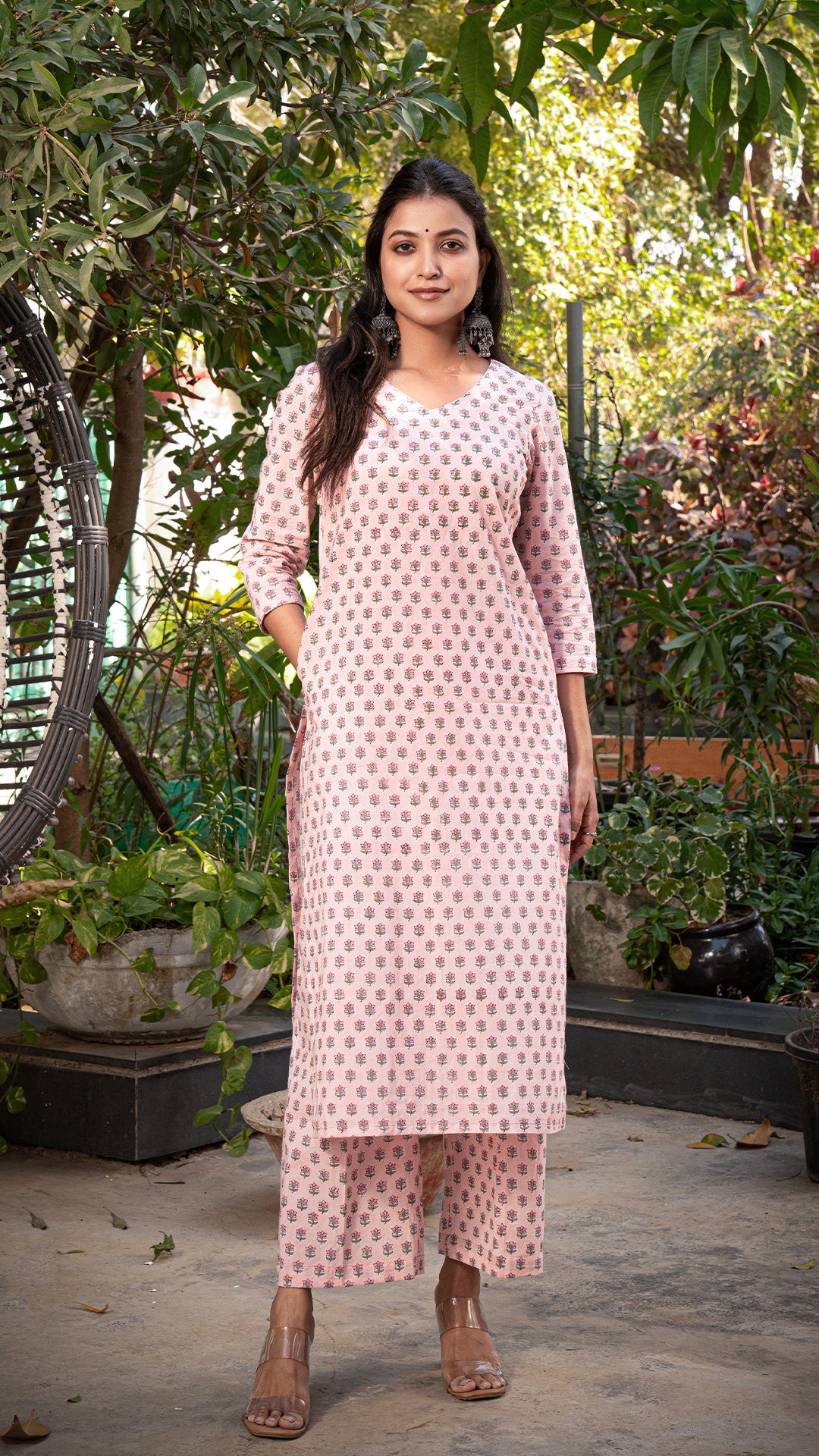 Tyani Sanganeri Hand Block Cotton Kurta - Peach