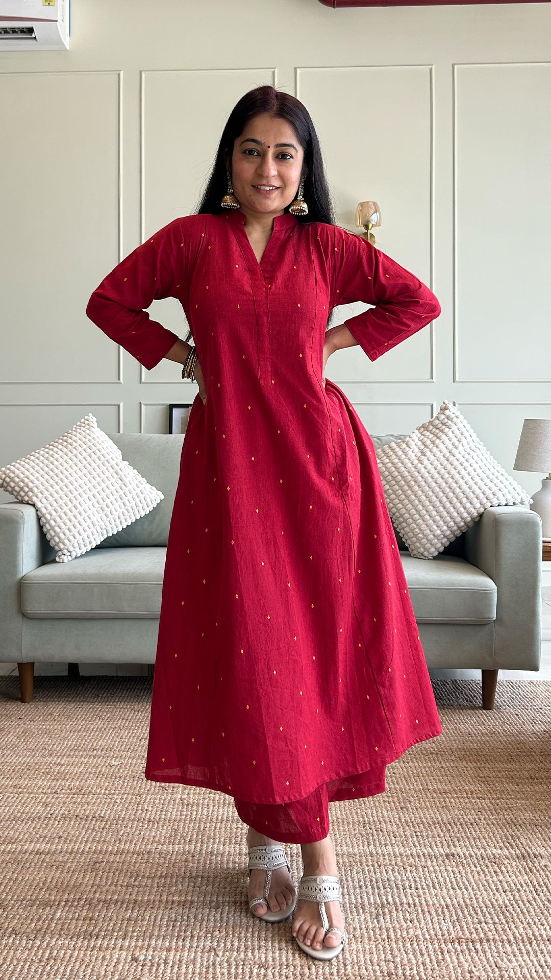 Aditi - Hand Woven Kali Cotton Kurta Set in Red
