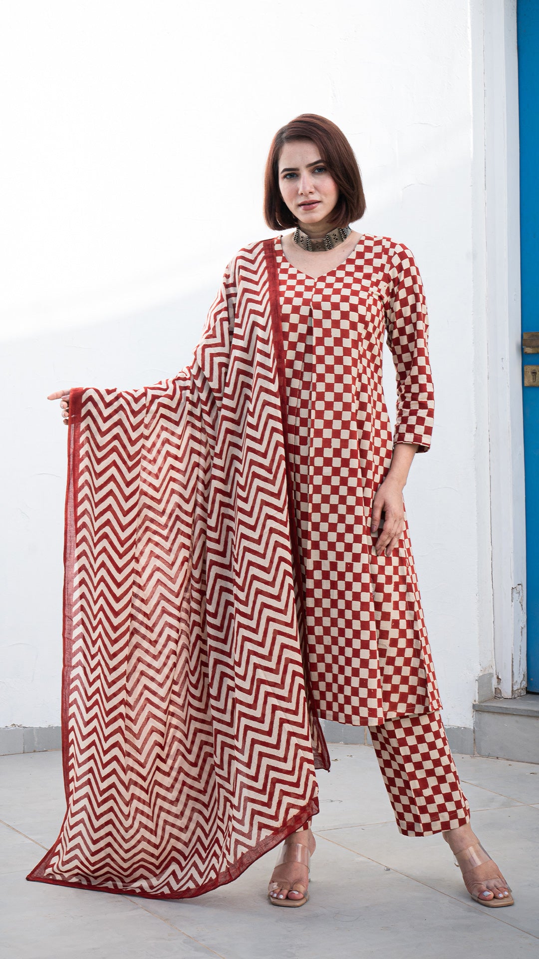 Shree Checkered Hand Block A Line Cotton Kurta - Red