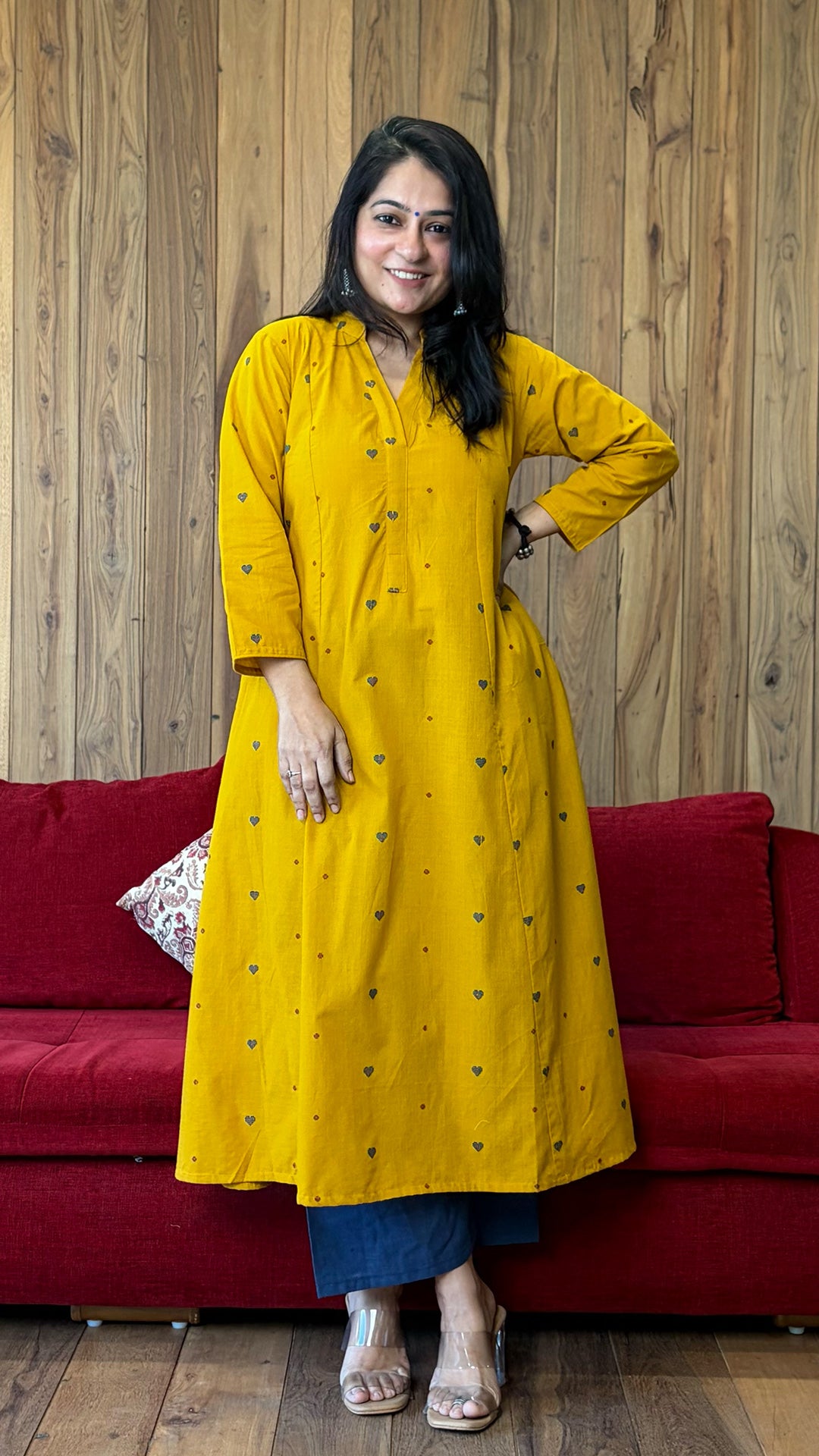 Sehr Hand Woven Kali Kurta In Cotton - Yellow