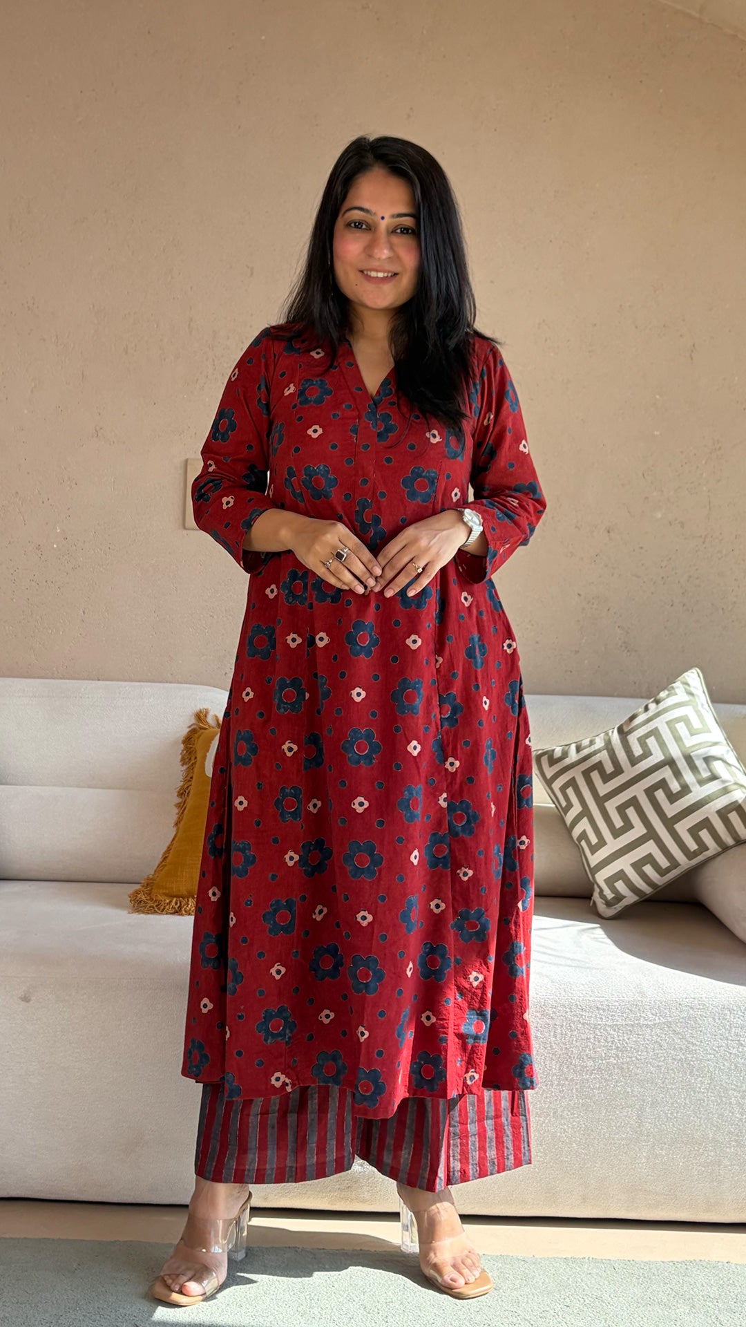 Aarna Ajrakh Kali Kurta In Cotton - Red Floral