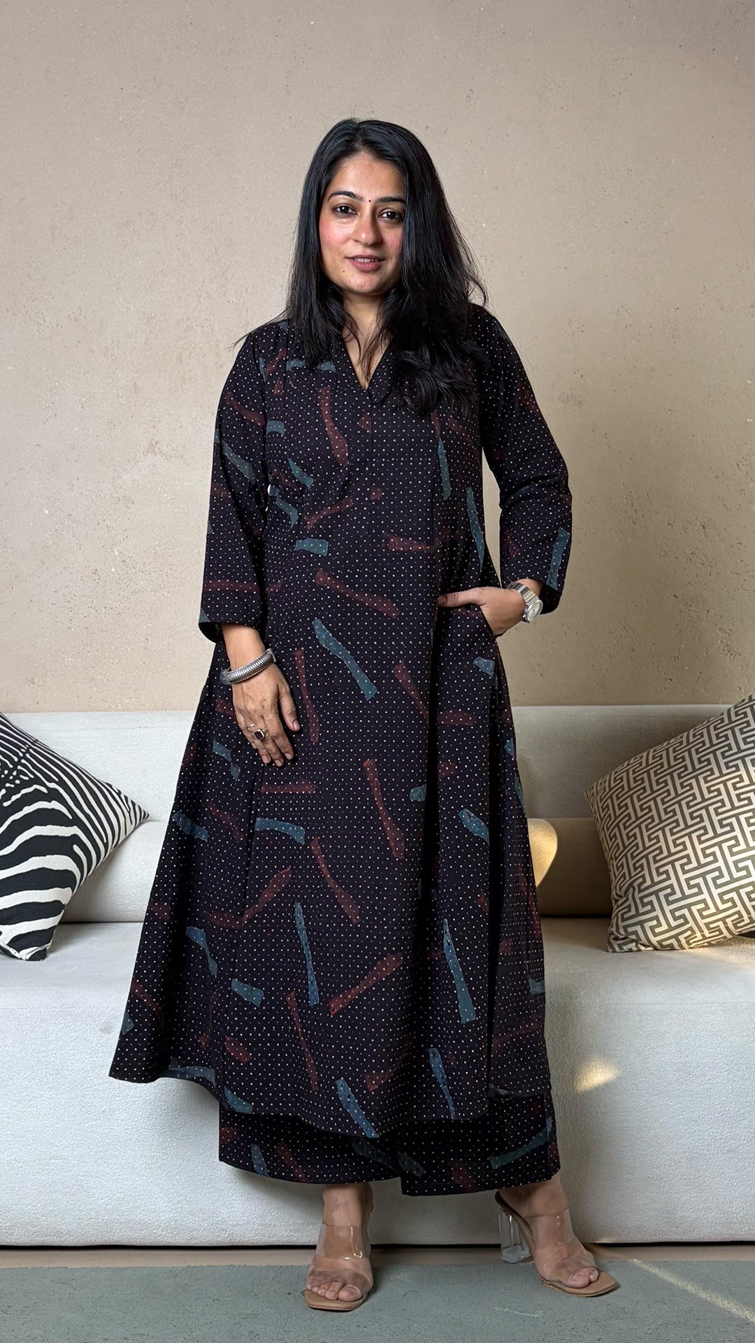 Aaryah Ajrakh Kali Kurta In Cotton - Black