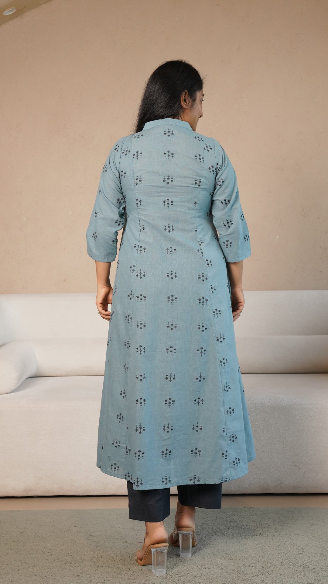 Yesha Hand Woven Kali Cotton Kurta - Ice Blue