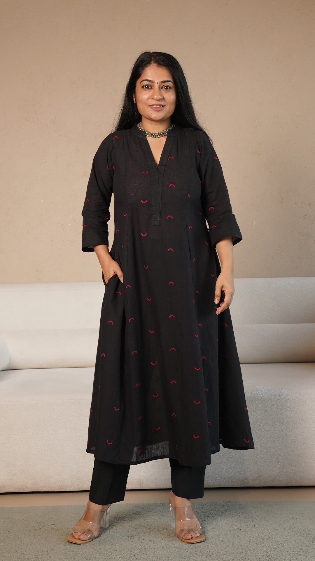 Mehaa Chand Motif Hand Woven Kali Cotton Kurta - Black
