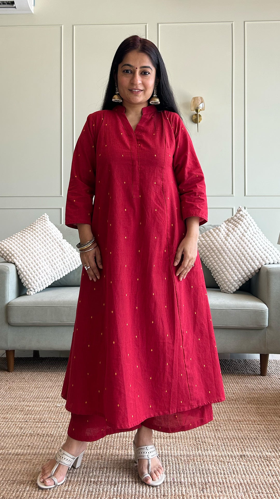 Aditi - Hand Woven Kali Cotton Kurta Set in Red