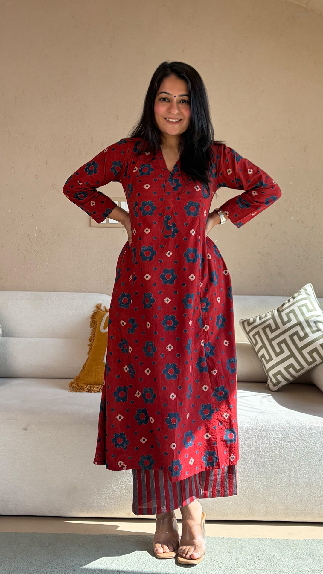Aarna Ajrakh Kali Kurta In Cotton - Red Floral