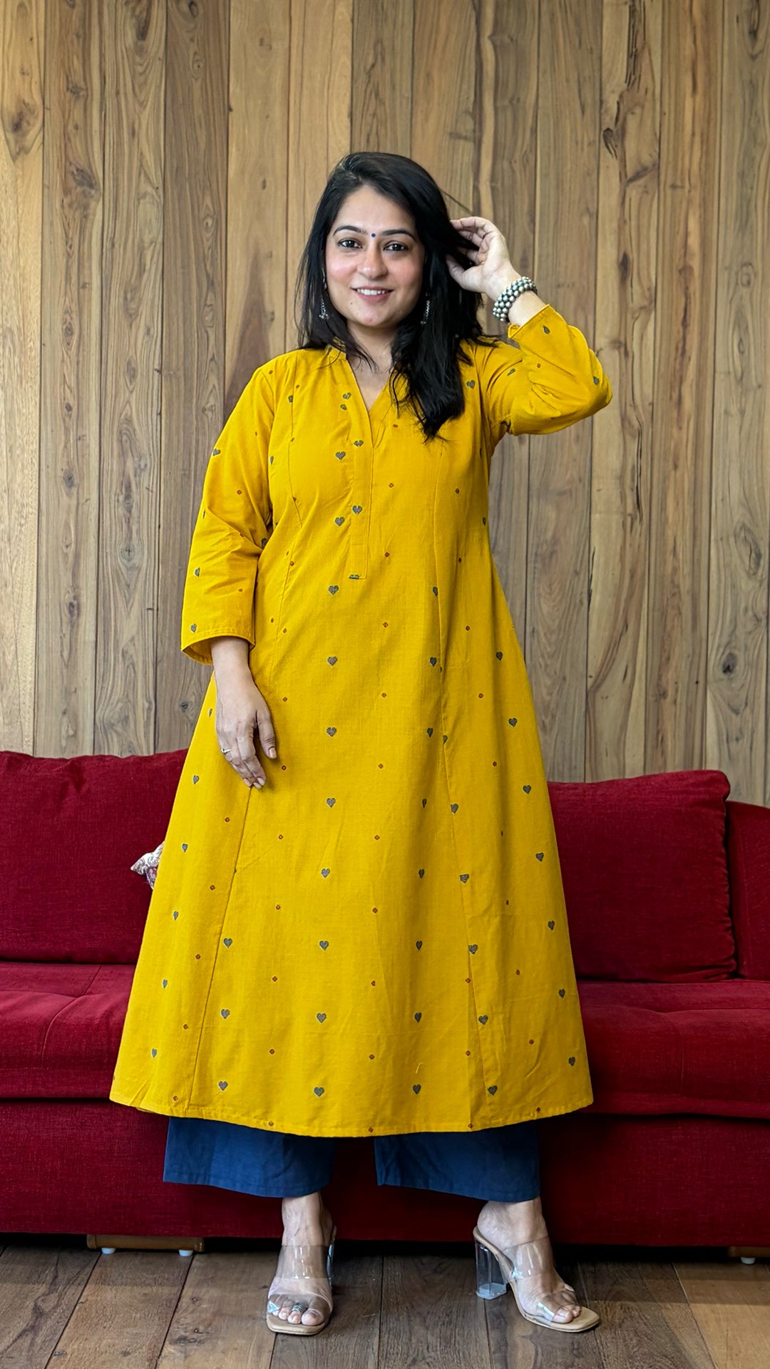 Sehr Hand Woven Kali Kurta In Cotton - Yellow