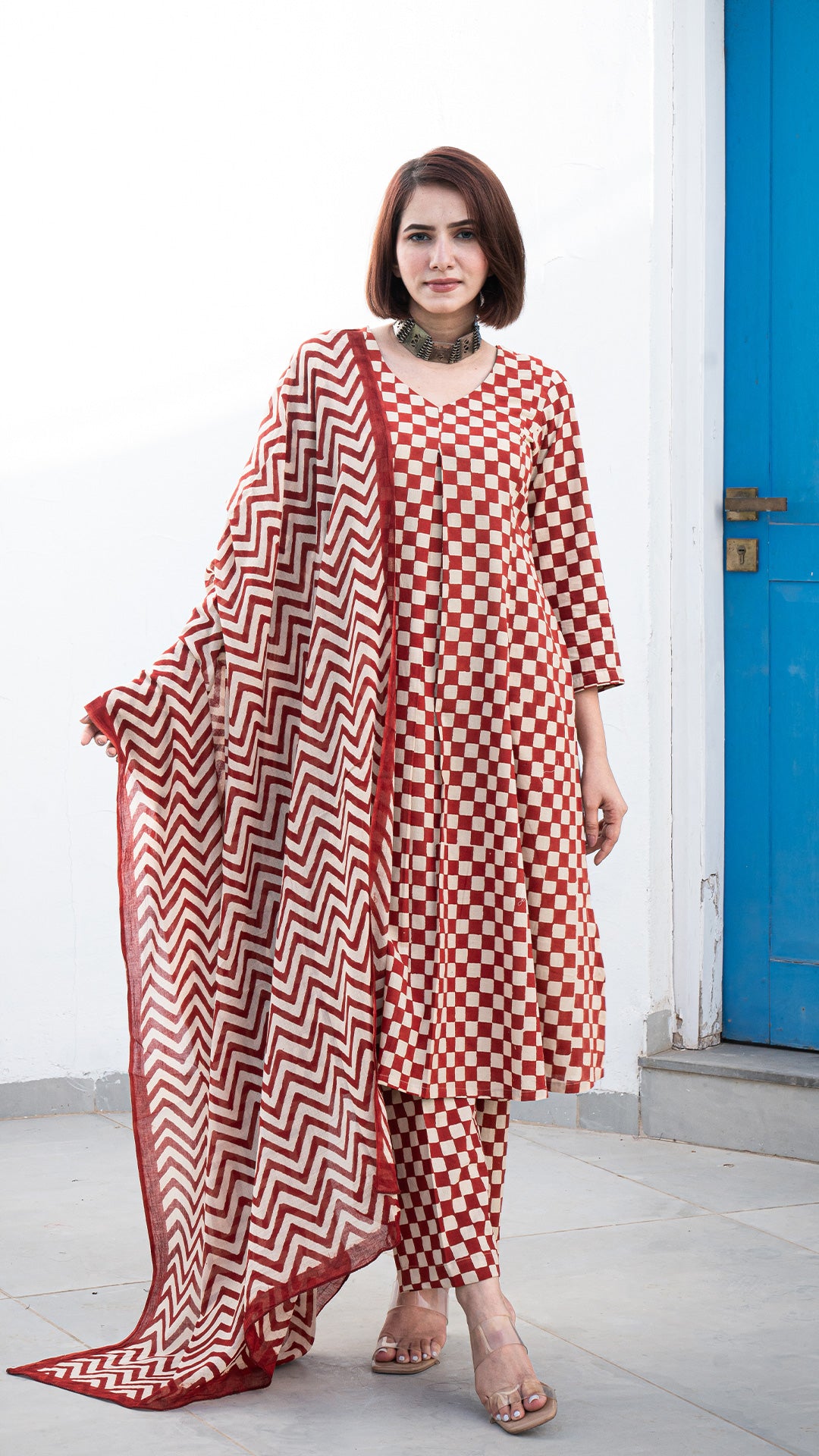 Shree Checkered Hand Block A Line Cotton Kurta - Red