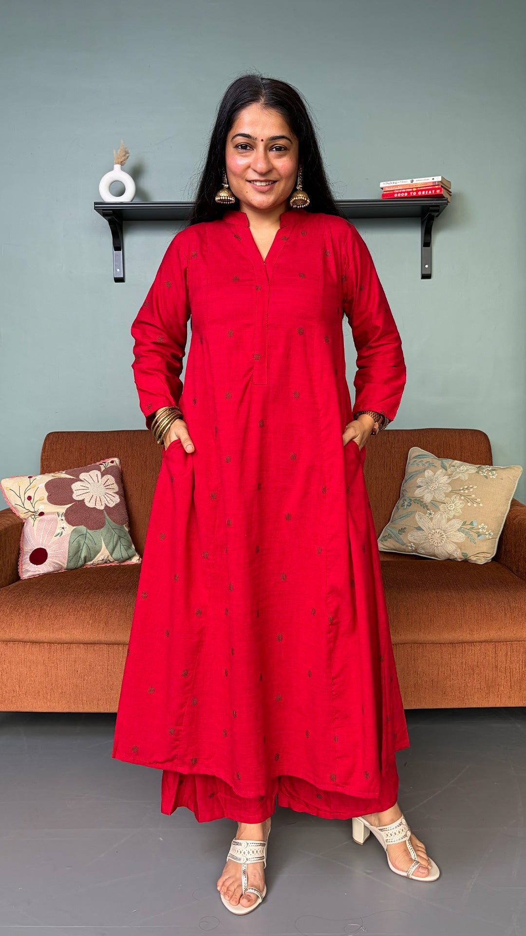Simran Red Hand Woven Kali Cotton Kurta