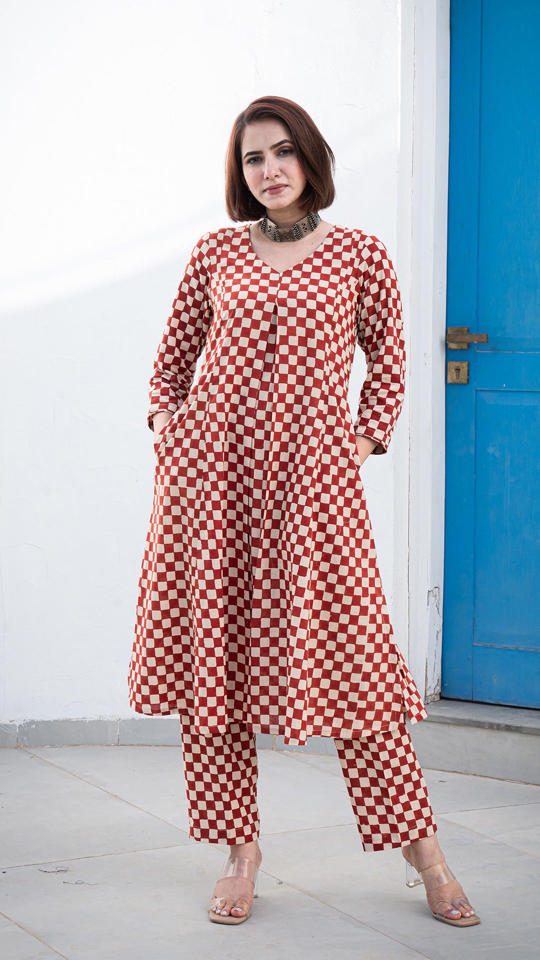 Shree Checkered Hand Block A Line Cotton Kurta - Red