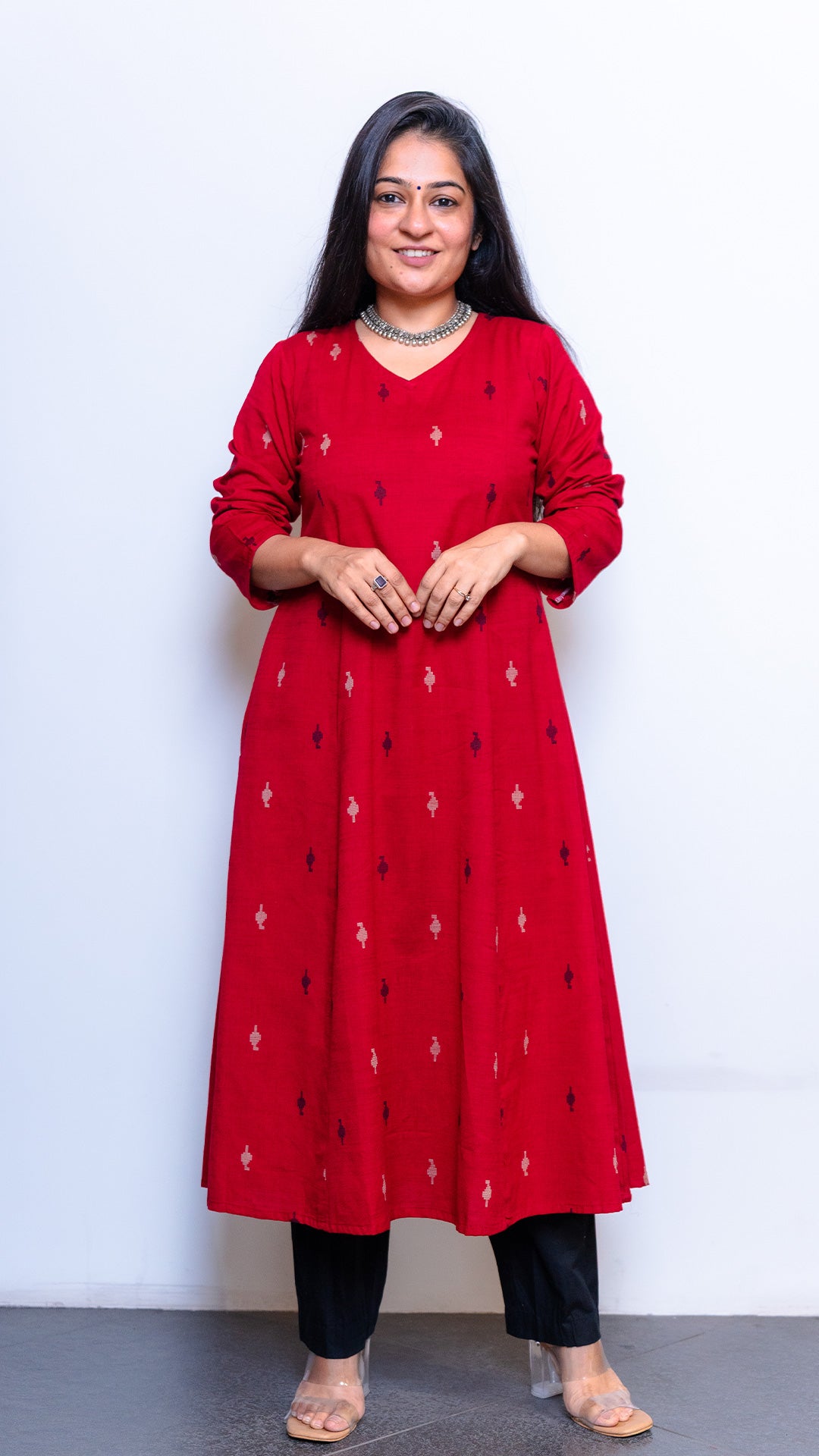 Adah Red Hand Woven Kali Kurta