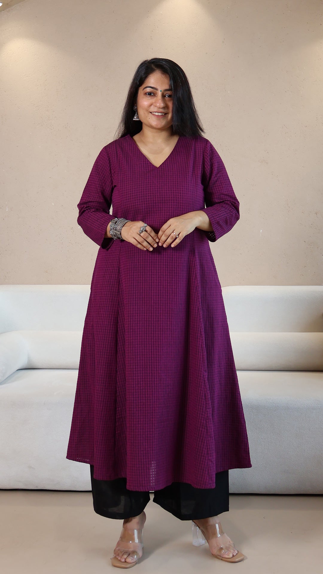 Purple Checkered Handwoven Cotton Kurta