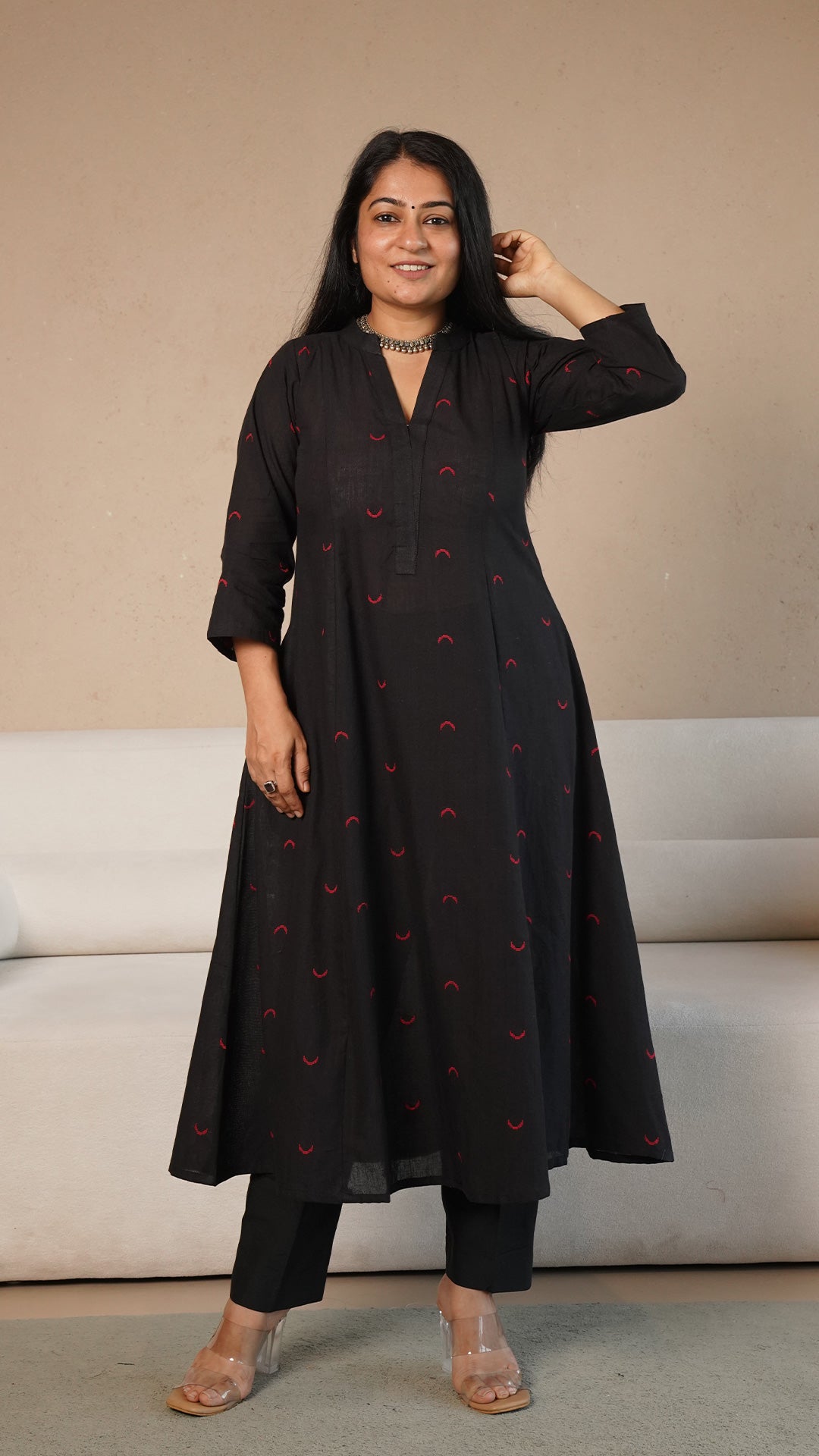 Mehaa Chand Motif Hand Woven Kali Cotton Kurta - Black