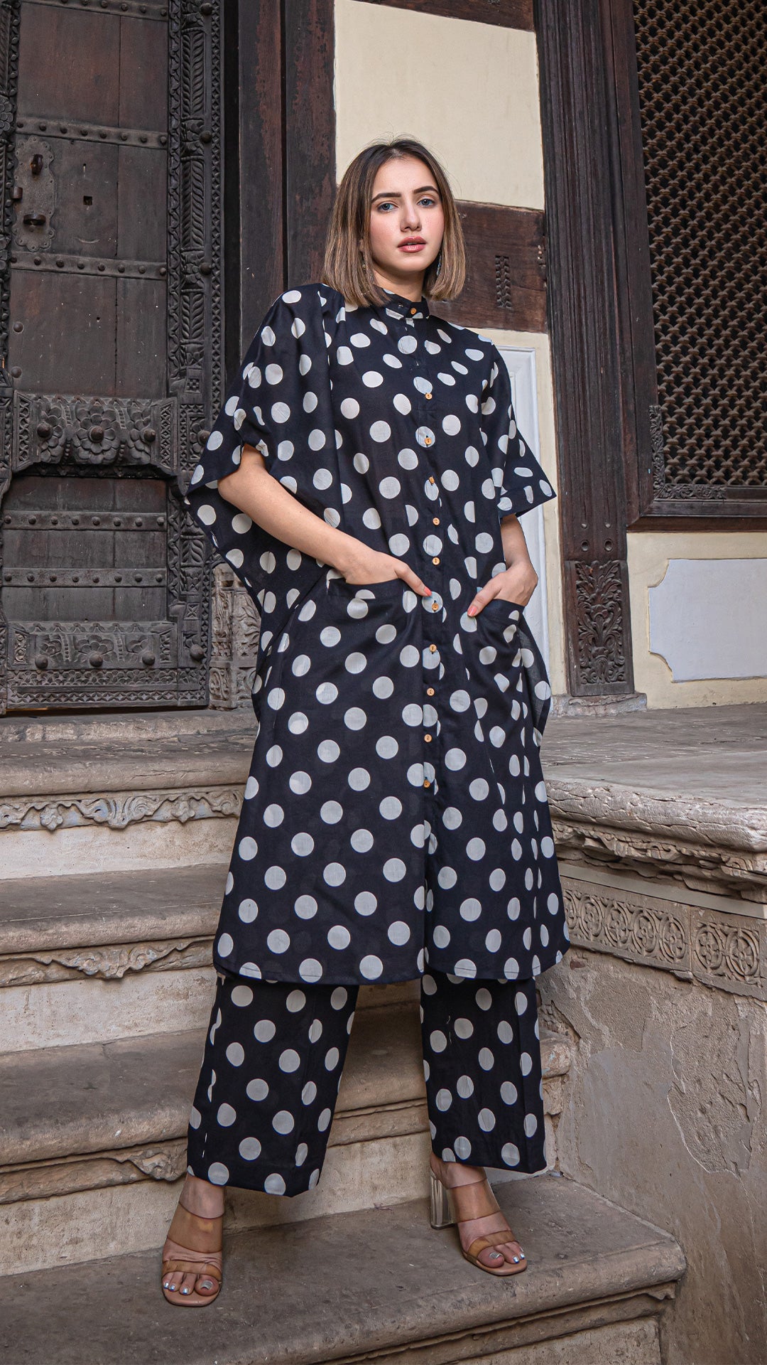 Black Polka Dots Kaftan Co-ord Set In Cotton