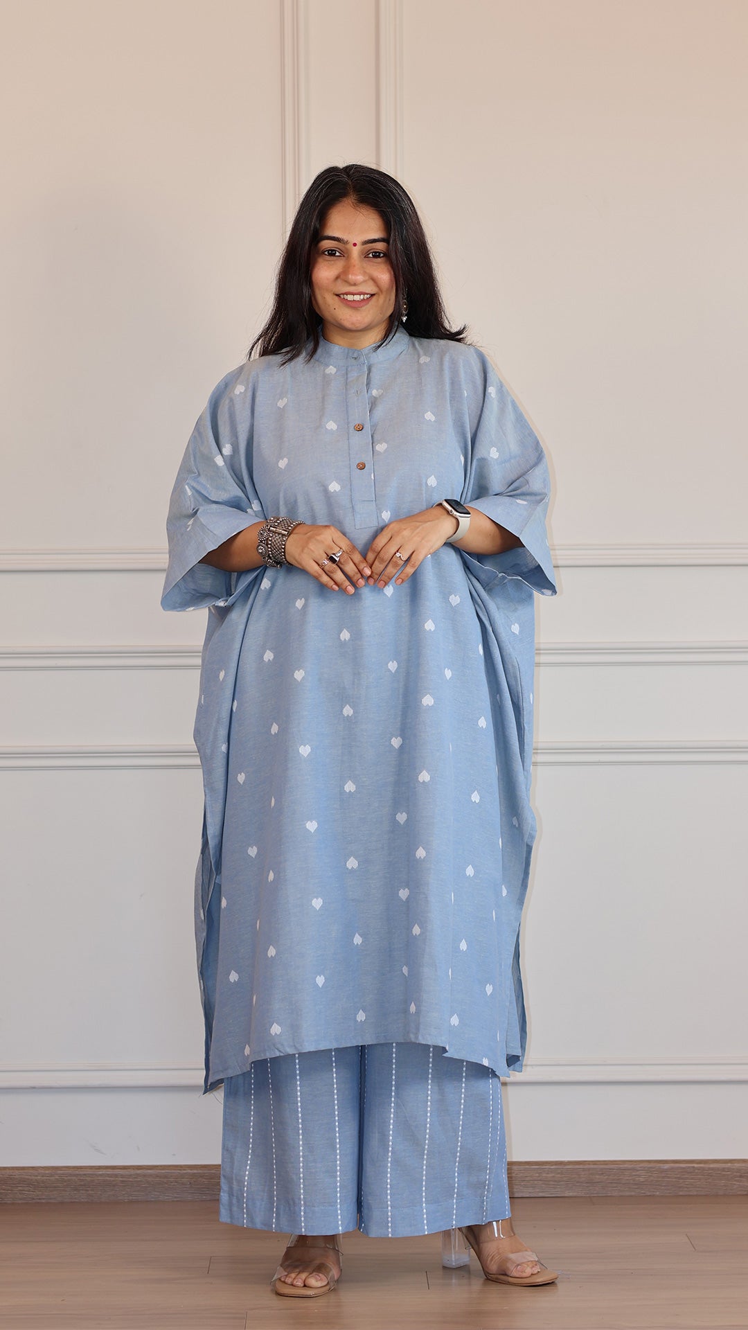 Hearts Handwoven Cotton Kaftan Co-ord - Powder Blue