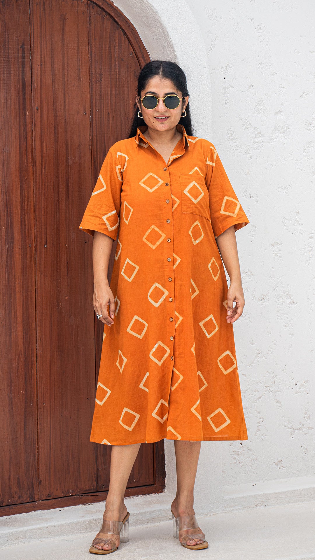 Kritika Dabu Hand Block Cotton Shirt Dress - Rust