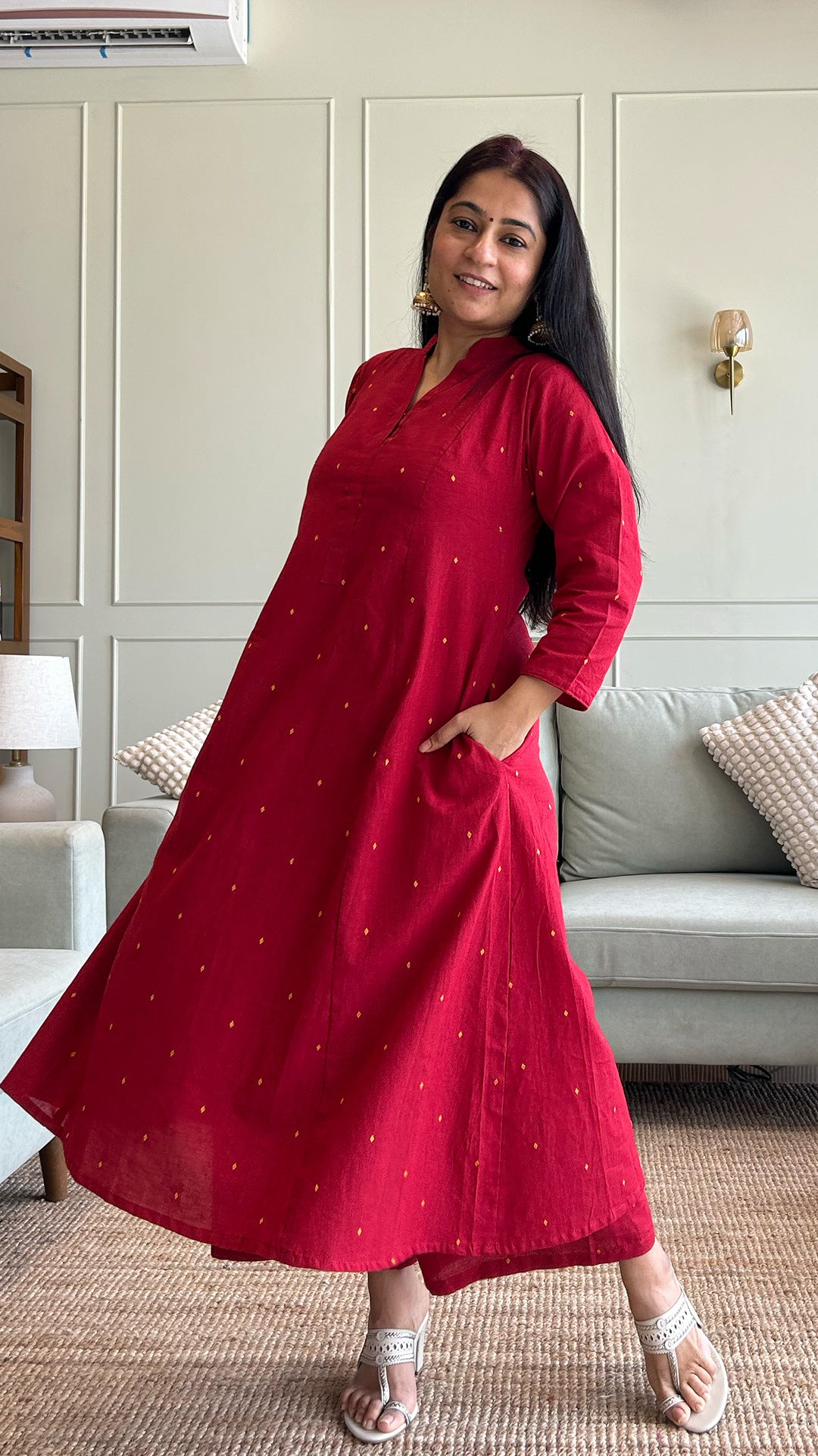 Aditi - Hand Woven Kali Cotton Kurta Set in Red