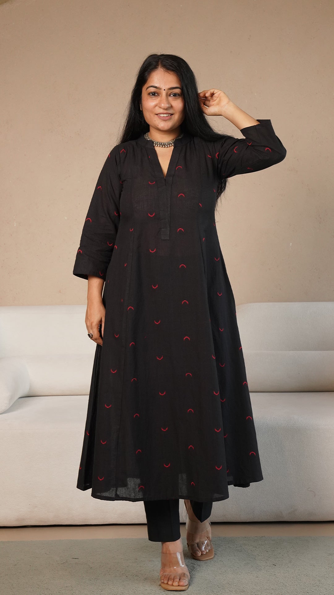 Mehaa Chand Motif Hand Woven Kali Cotton Kurta - Black