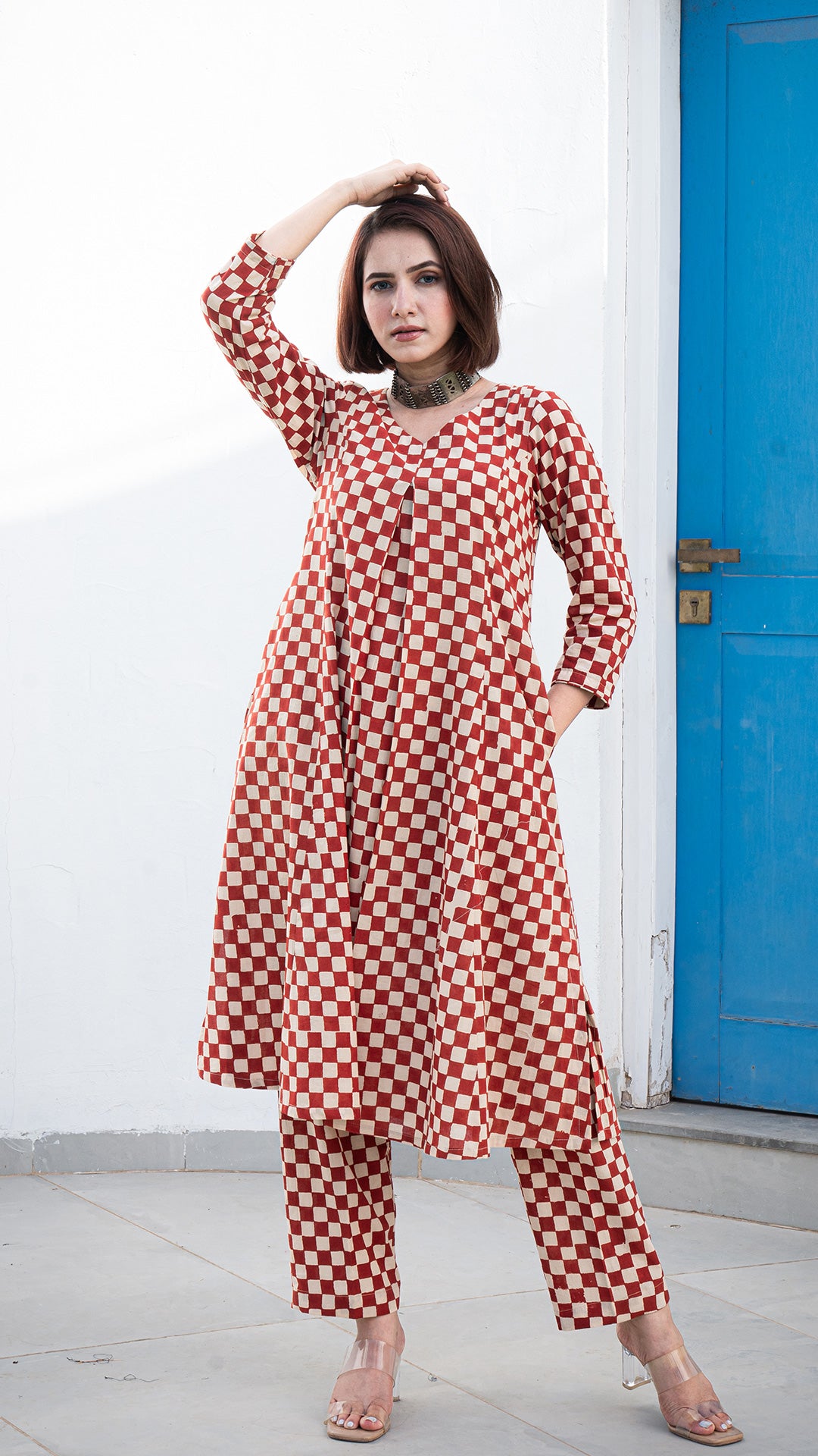 Shree Checkered Hand Block A Line Cotton Kurta - Red