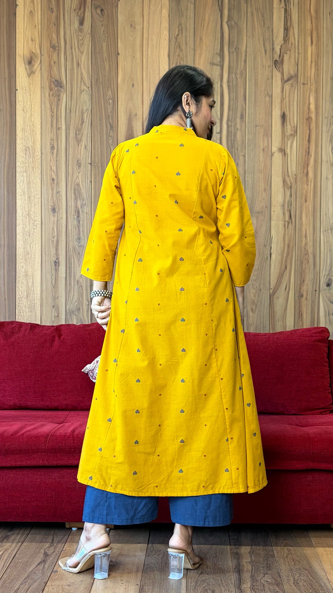 Sehr Hand Woven Kali Kurta In Cotton - Yellow