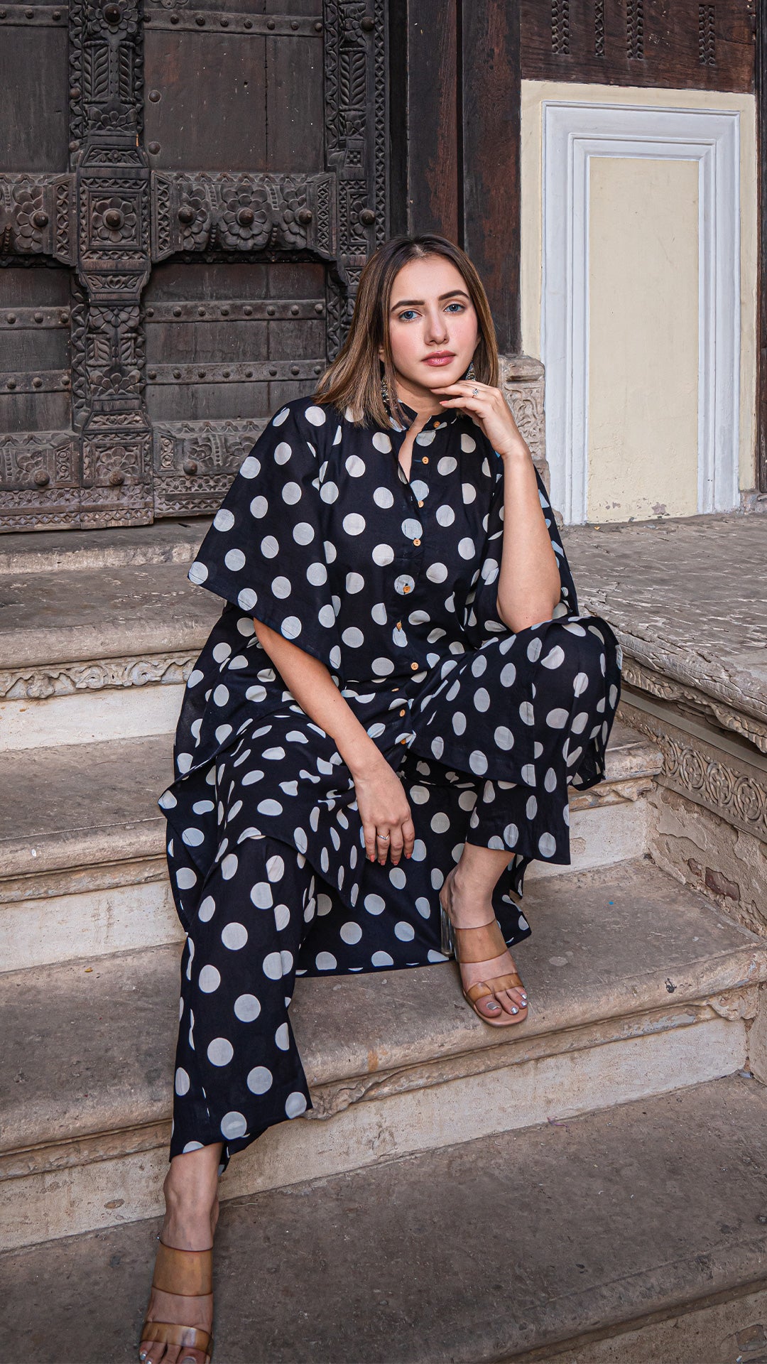 Black Polka Dots Kaftan Co-ord Set In Cotton