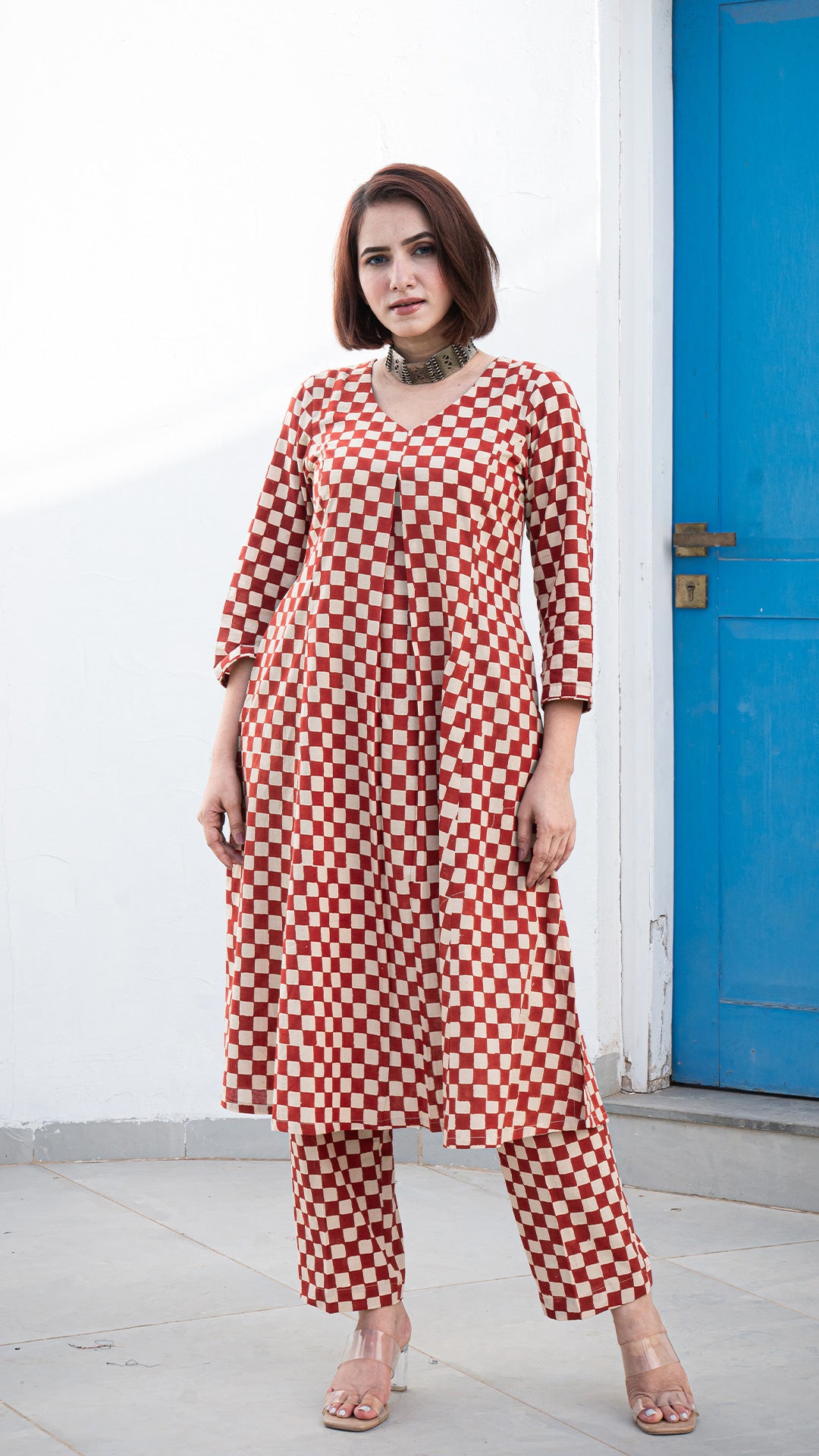 Shree Checkered Hand Block A Line Cotton Kurta - Red