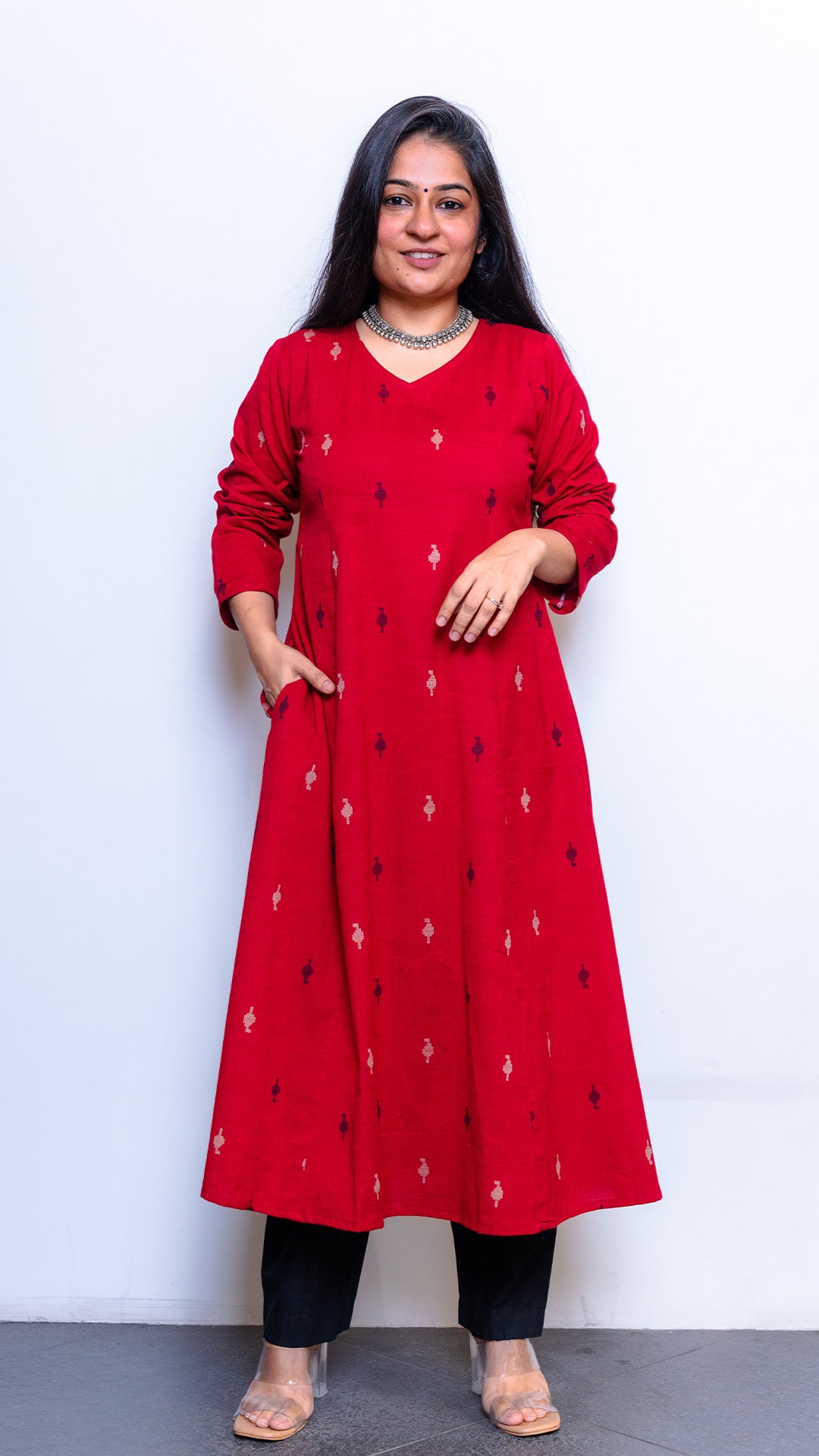 Adah Red Hand Woven Kali Kurta