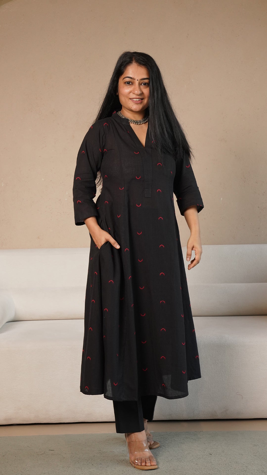 Mehaa Chand Motif Hand Woven Kali Cotton Kurta - Black