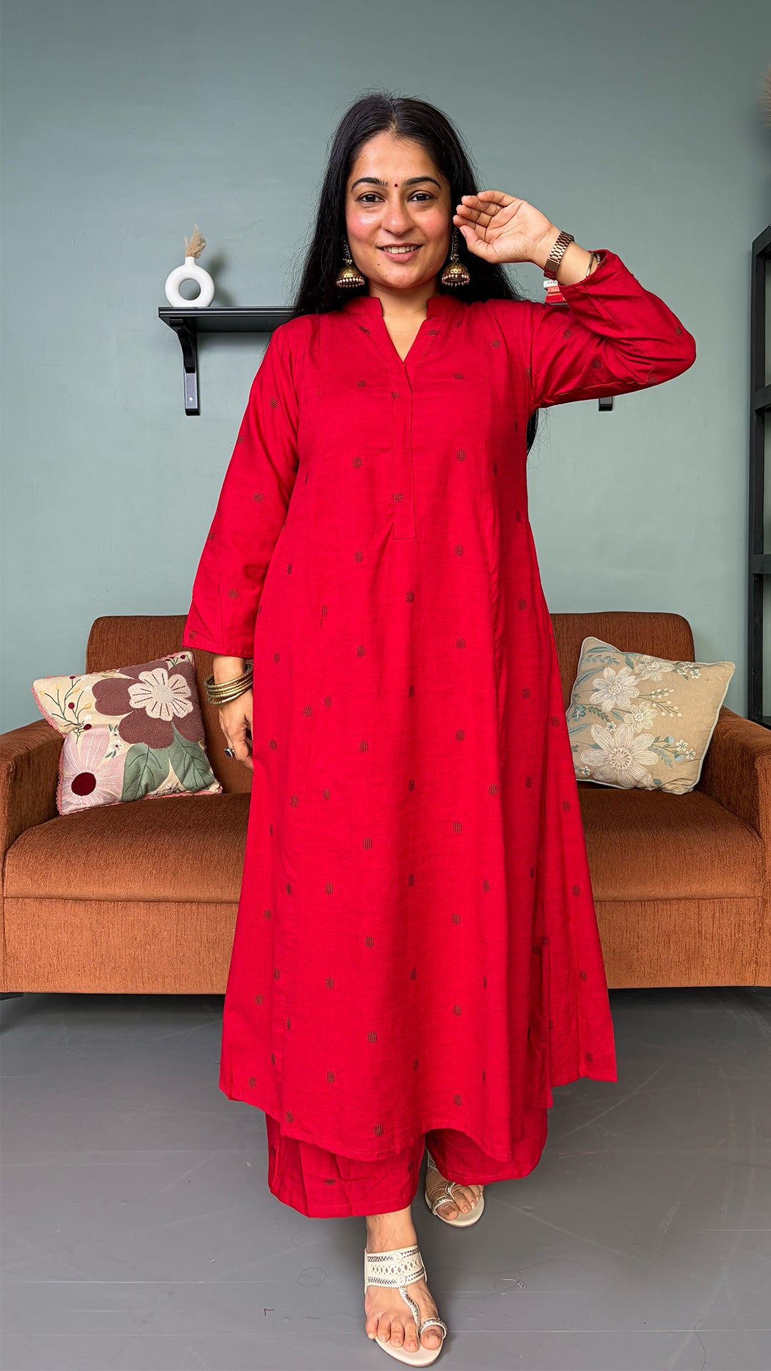 Simran Red Hand Woven Kali Cotton Kurta