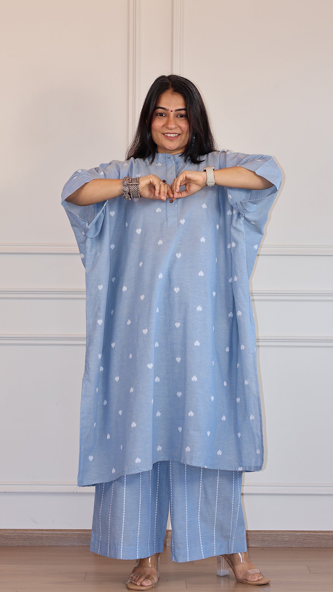 Hearts Handwoven Cotton Kaftan Co-ord - Powder Blue