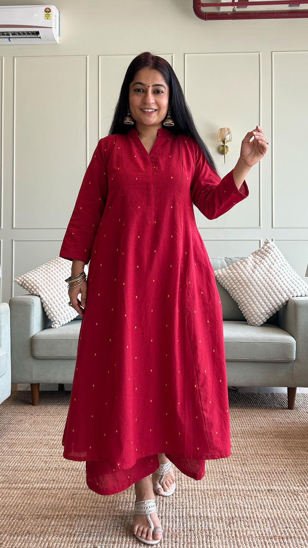Aditi - Hand Woven Kali Cotton Kurta Set in Red